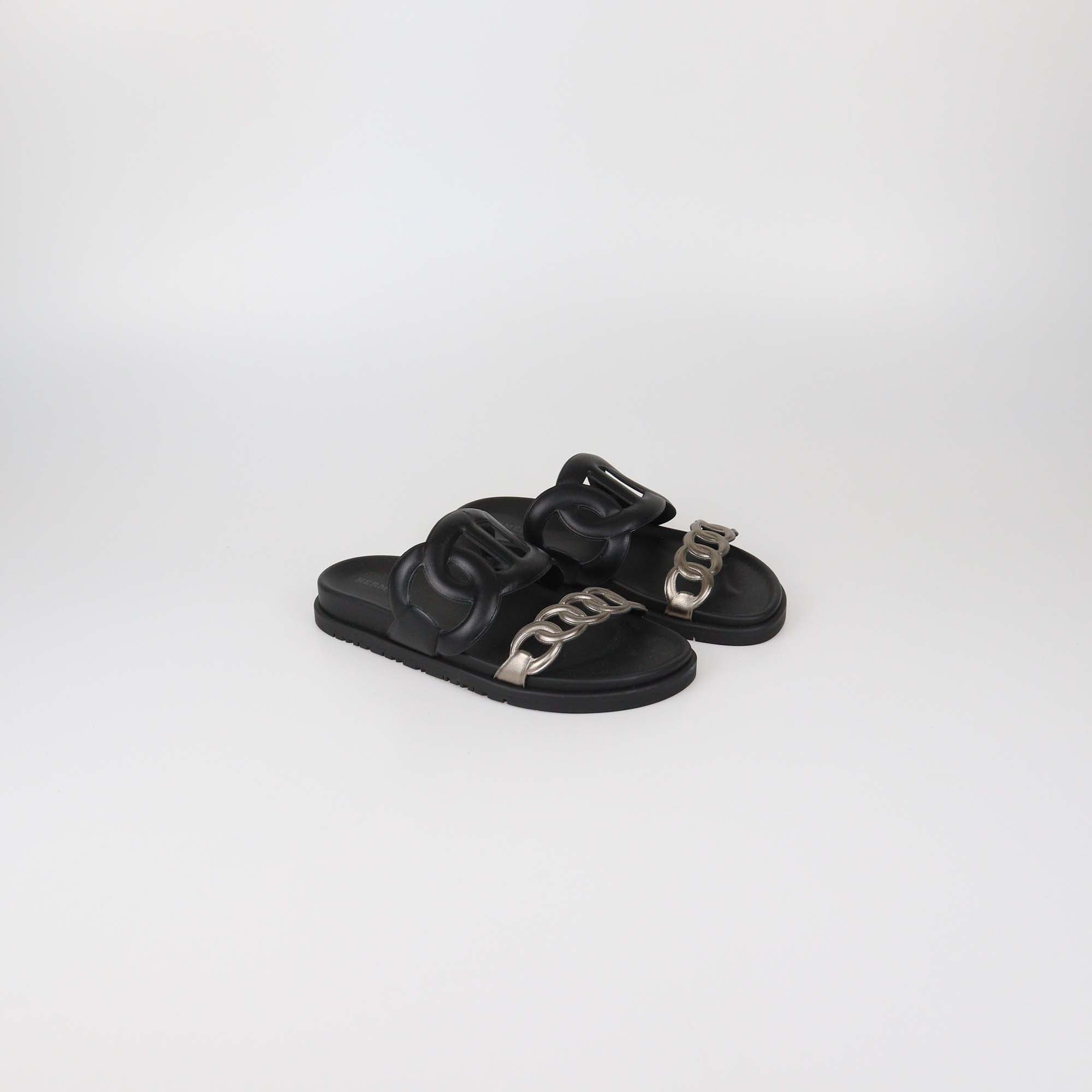 Hermes Black/Mordore Leather Extra Sandals