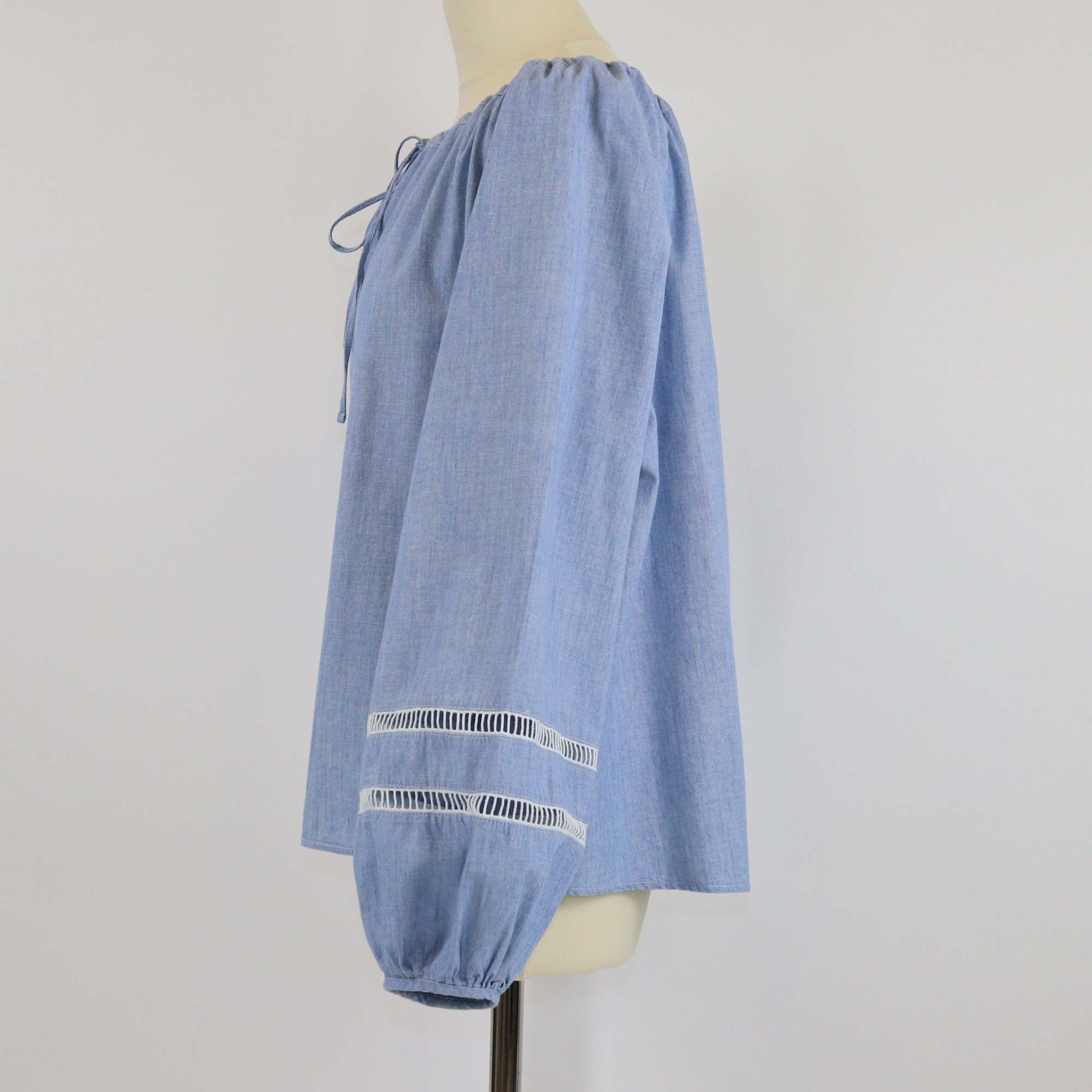 Chloe Washed Blue Cotton Long Sleeve Chambray Blouse
