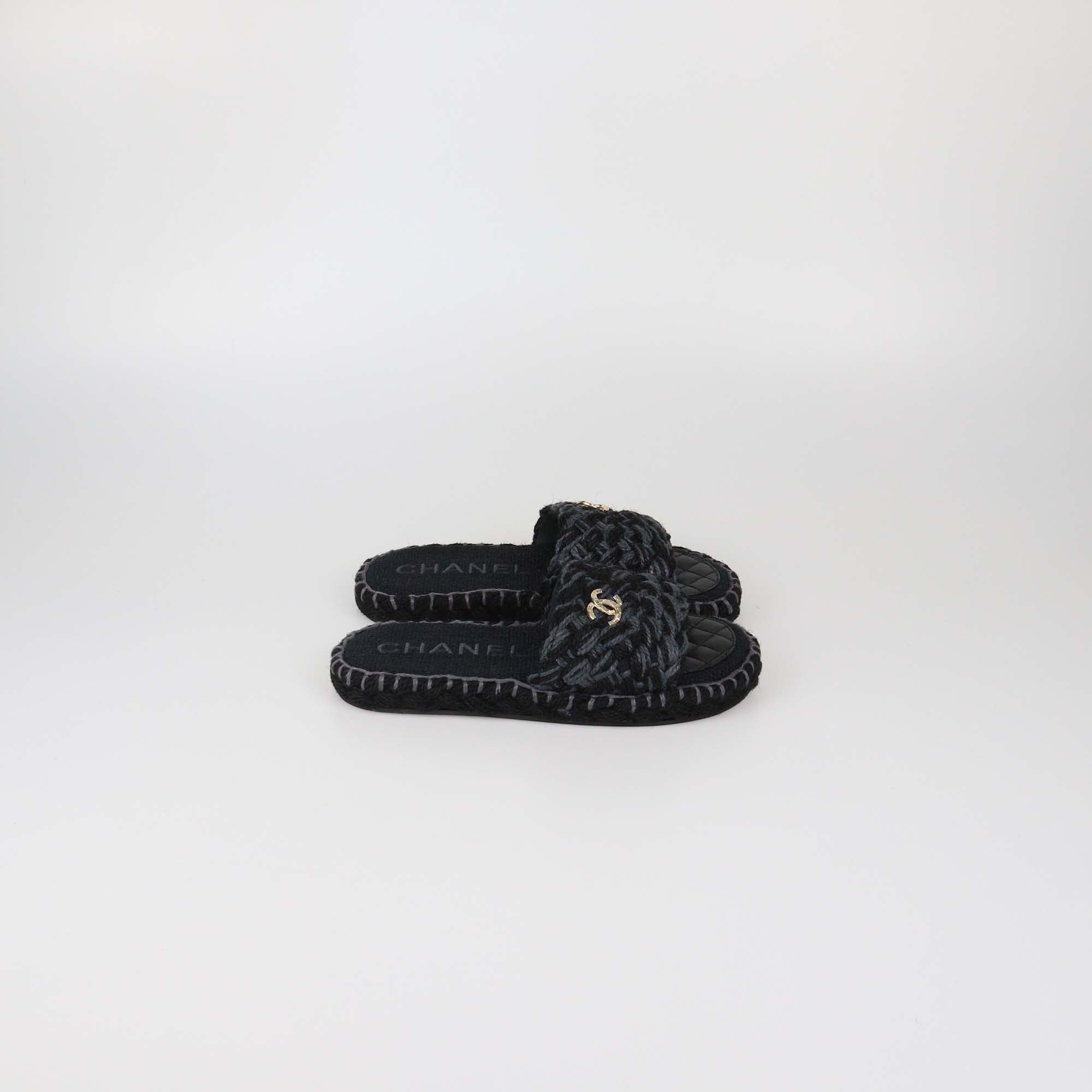 Chanel Black/Grey Braided Fabric CC Flat Slides