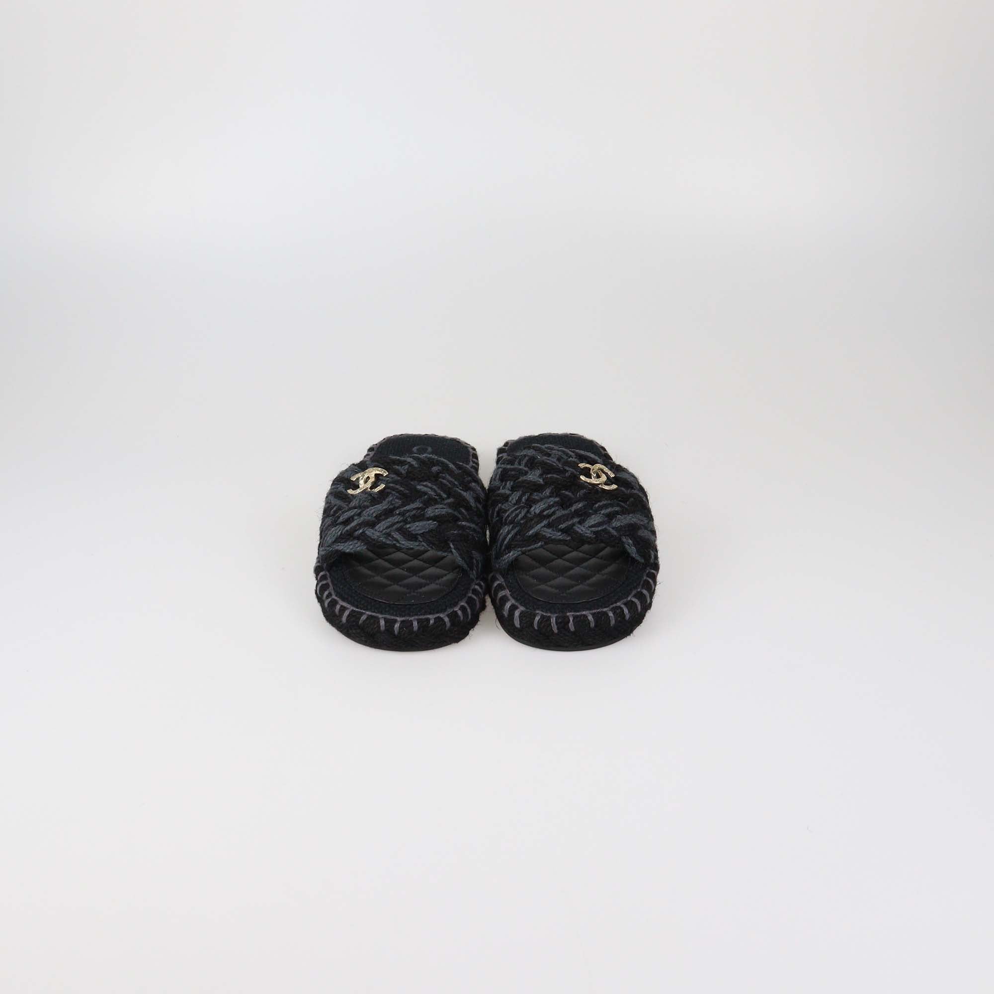 Chanel Black/Grey Braided Fabric CC Flat Slides