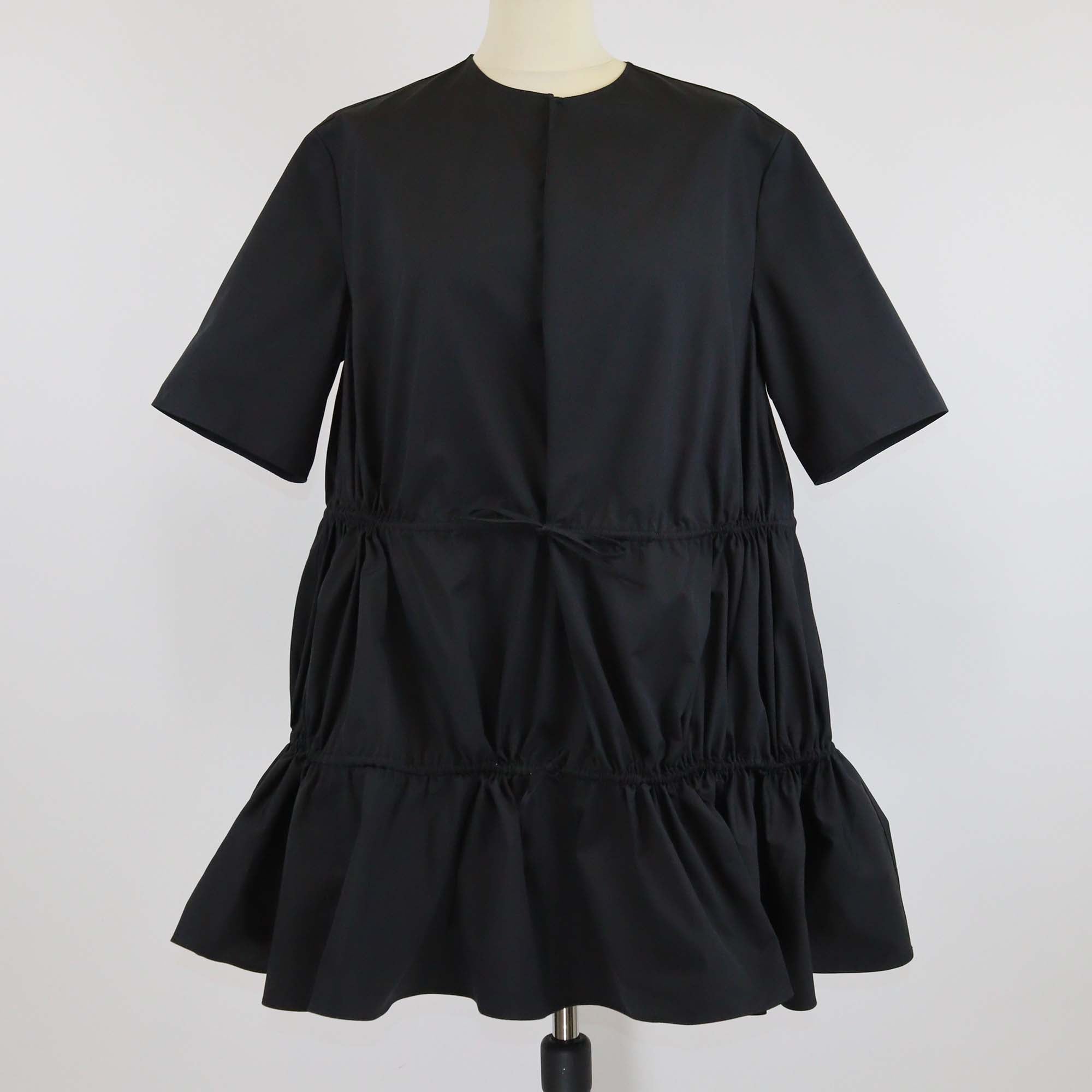 Alaia Black Cotton Three Quarter Sleeve Gathered Drawstring Waist Poplin Dress