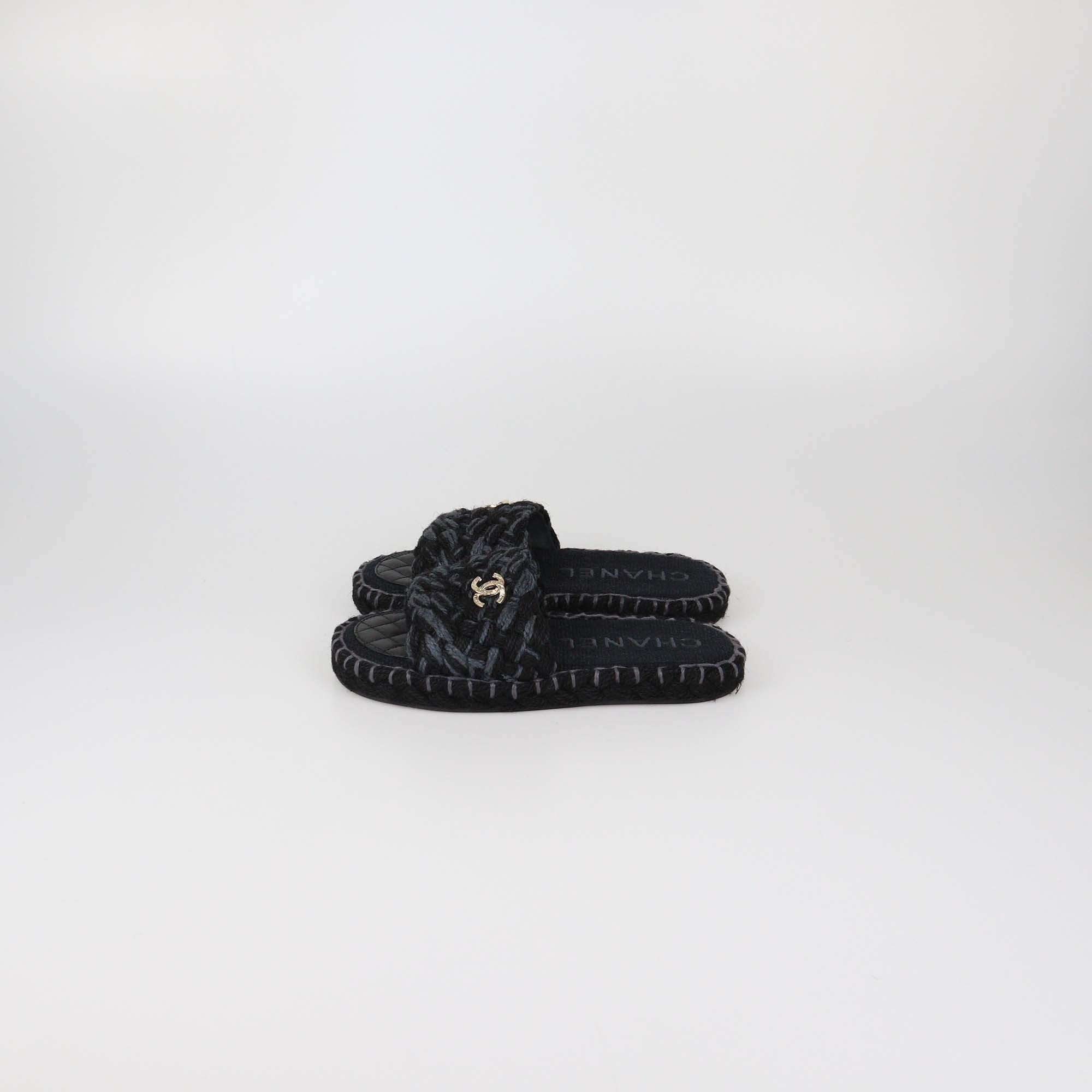 Chanel Black/Grey Braided Fabric CC Flat Slides