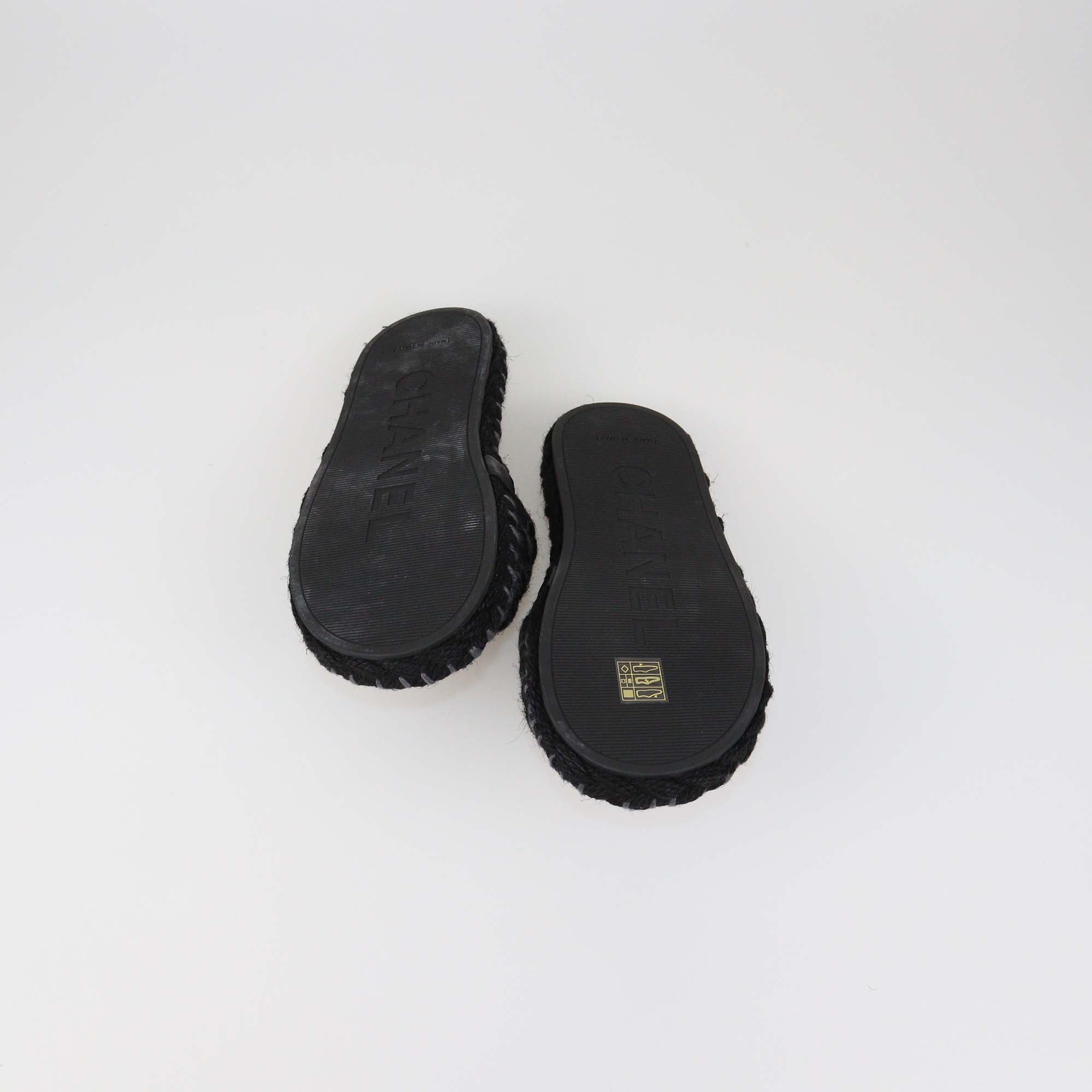 Chanel Black/Grey Braided Fabric CC Flat Slides