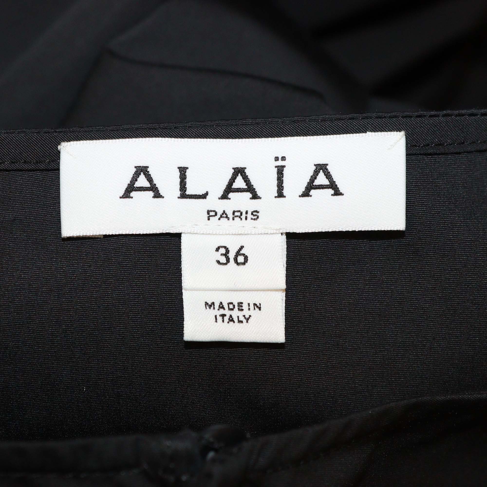 Alaia Black Cotton Three Quarter Sleeve Gathered Drawstring Waist Poplin Dress