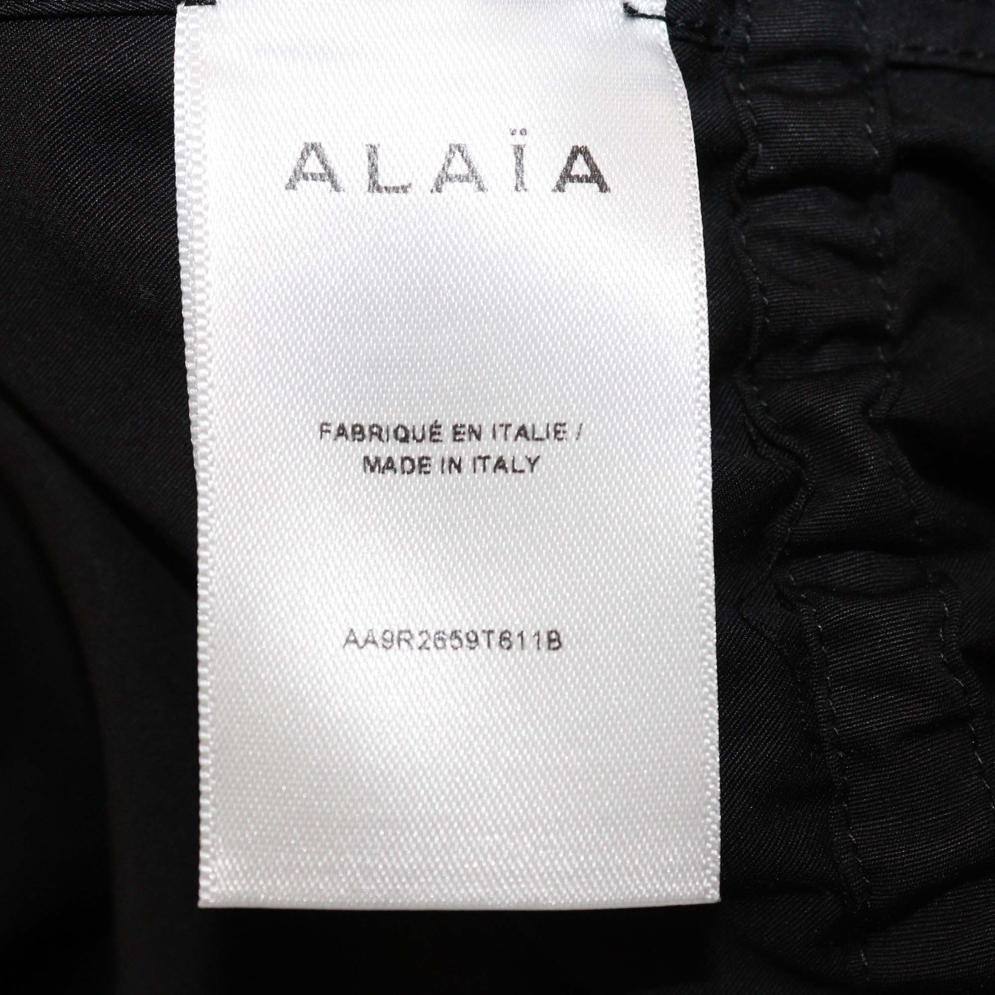 Alaia Black Cotton Three Quarter Sleeve Gathered Drawstring Waist Poplin Dress