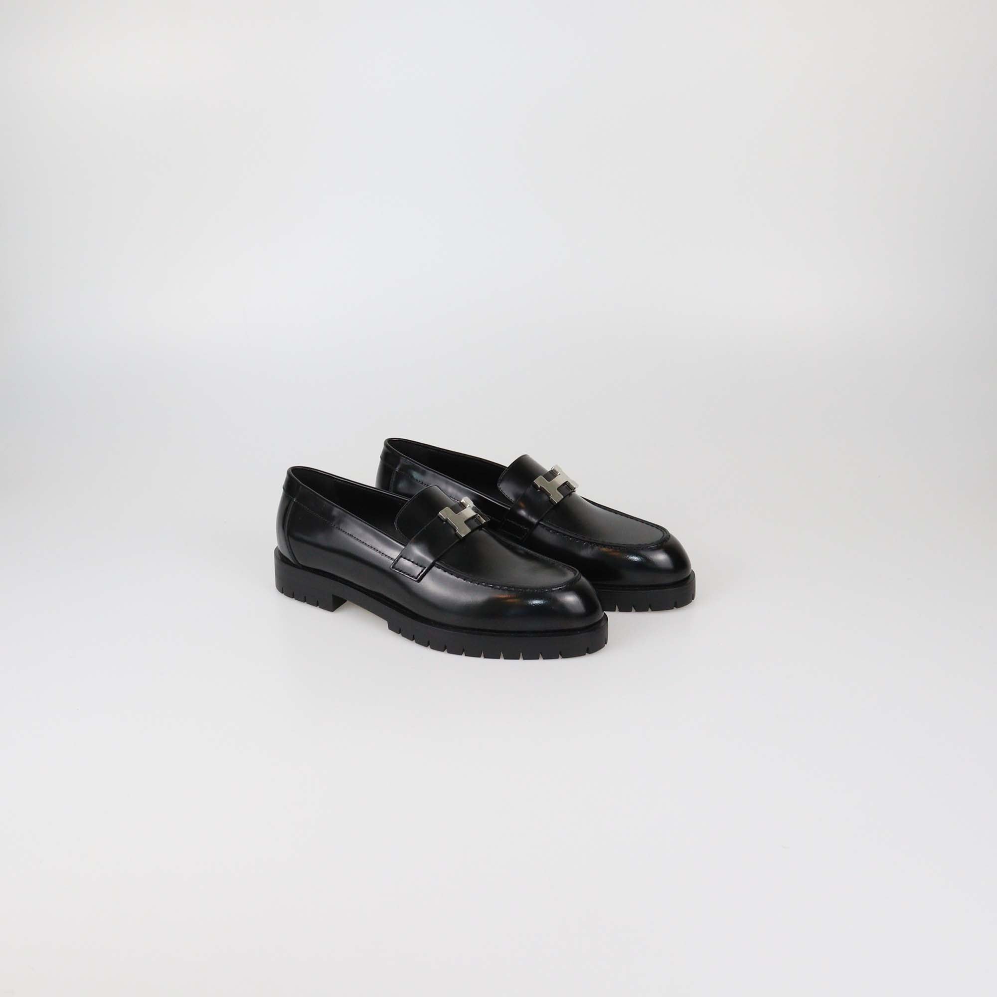 Hermes Black Glazed Leather Faubourg Loafers