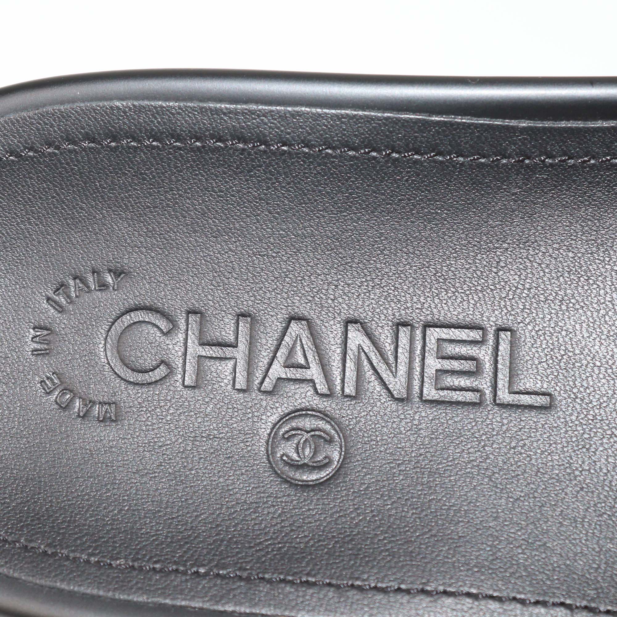 Chanel Black Tweed Multi Chain & Beaded Detail Slide Sandals