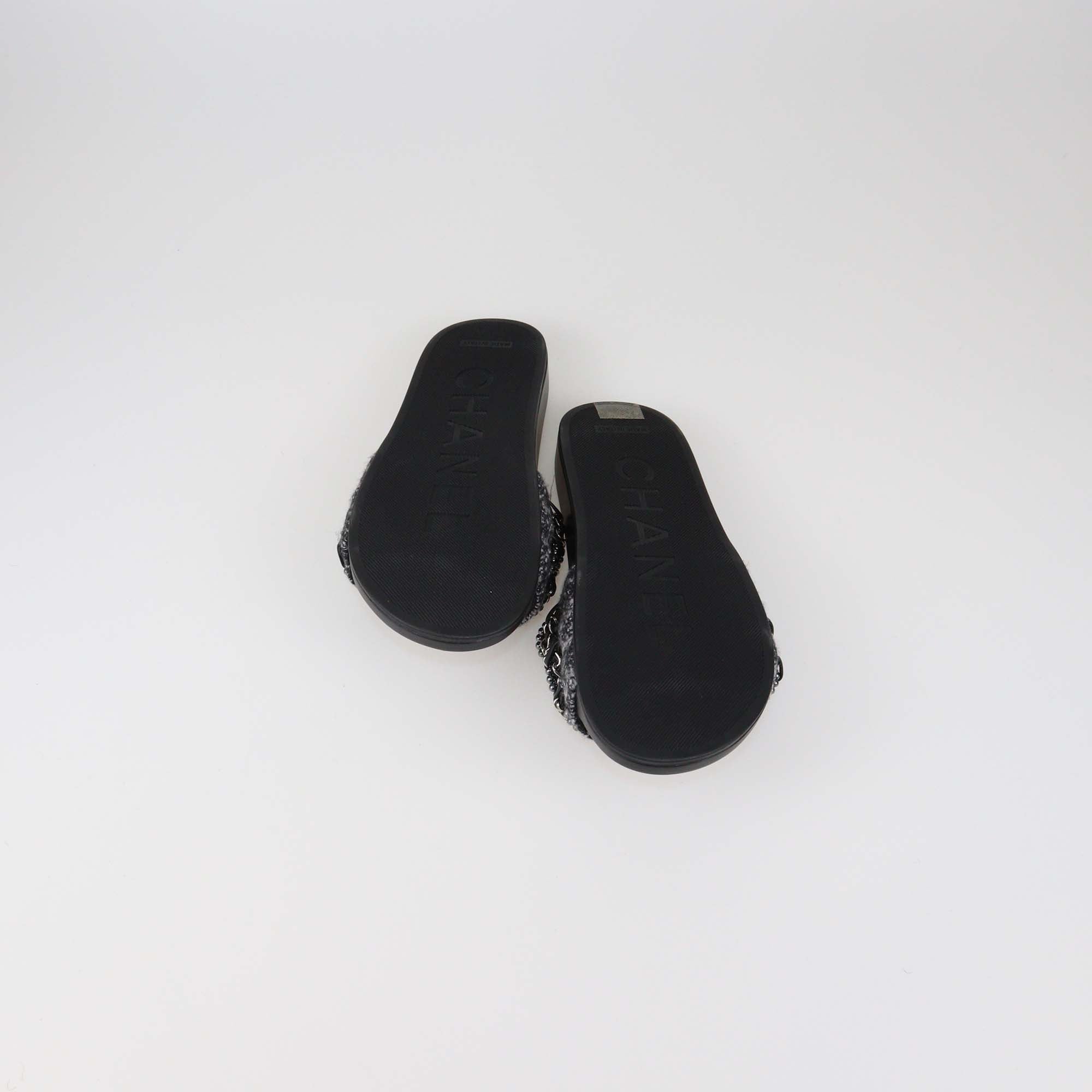 Chanel Black Tweed Multi Chain & Beaded Detail Slide Sandals