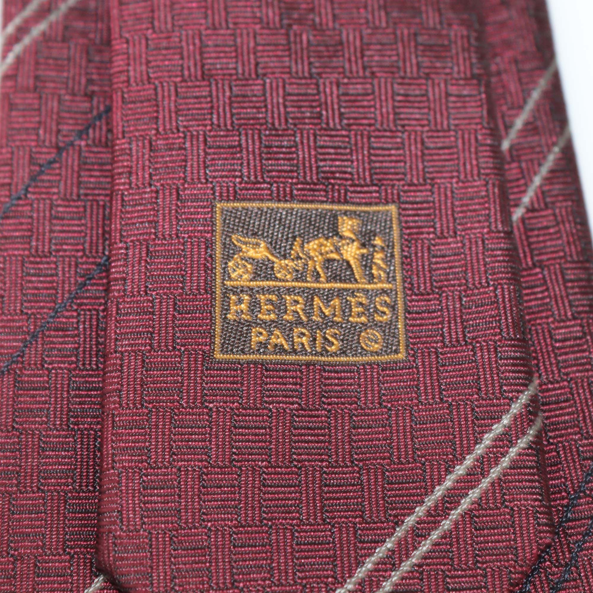 Hermes Burgundy Silk Stripe Geometrical H Tie