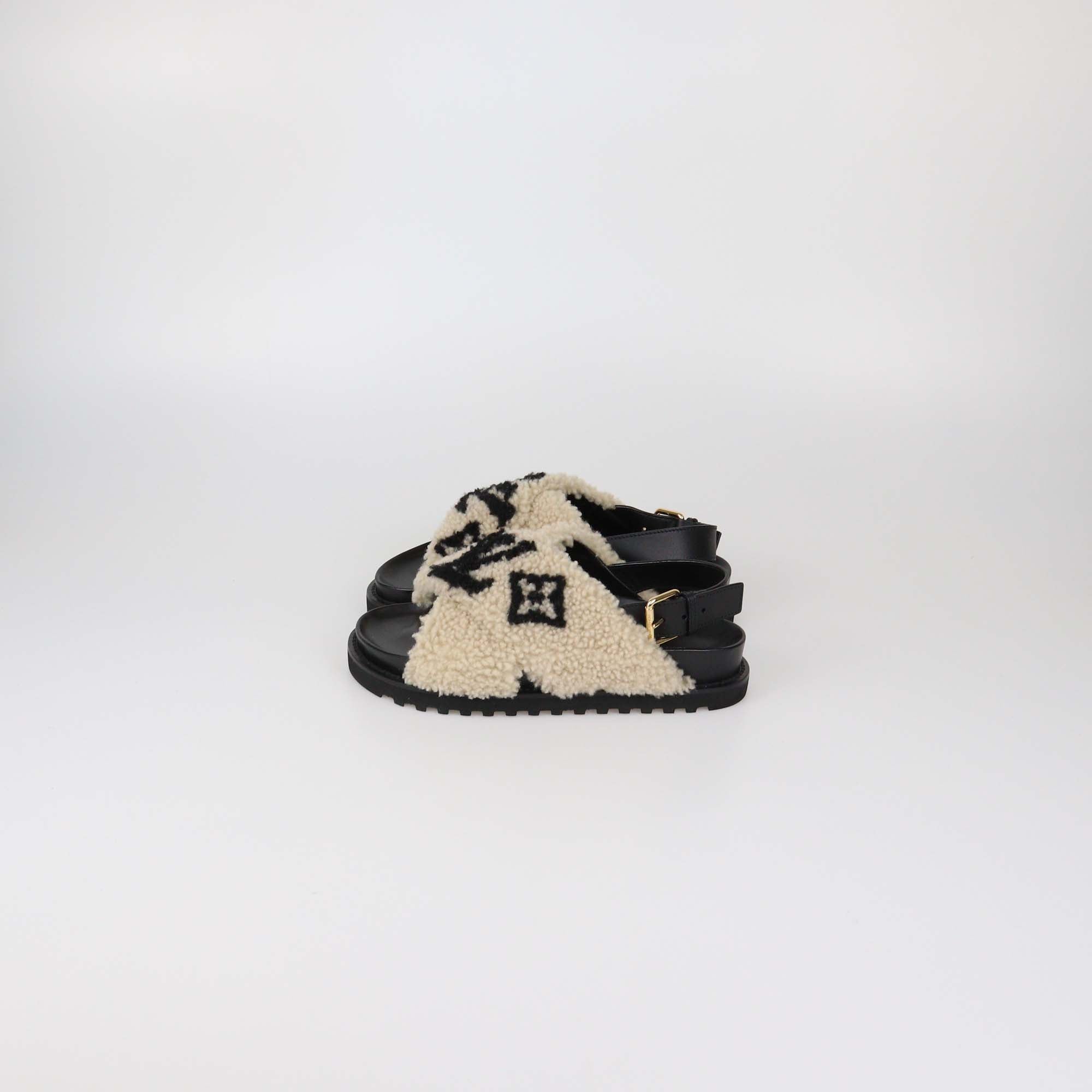 Louis Vuitton Beige/Black Shearling Paseo Comfort Flat Sandals