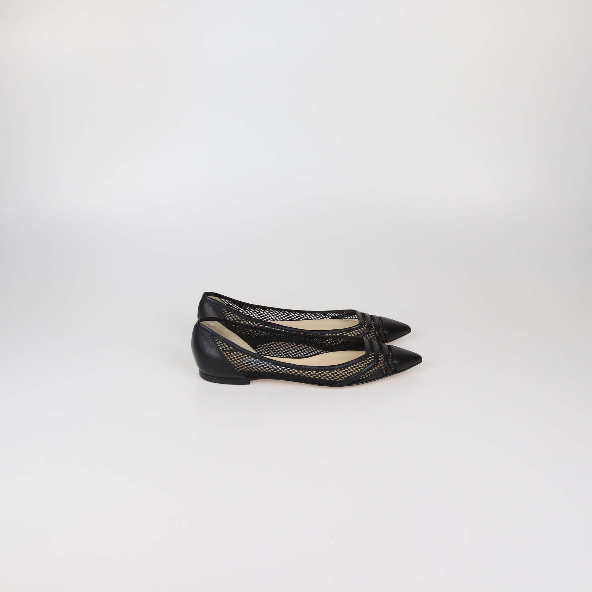Jimmy Choo Black Mesh Nylon and Leather Pointed Toe Flats