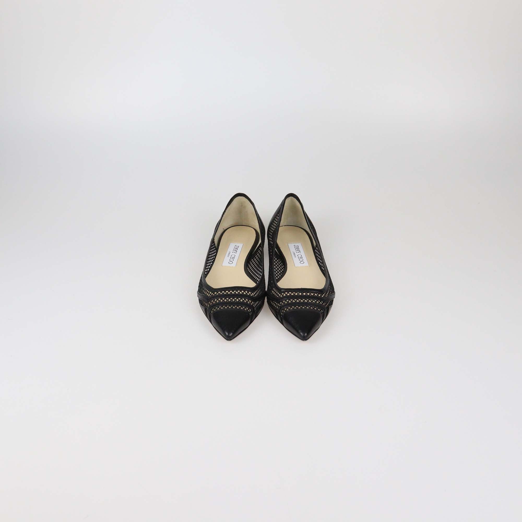 Jimmy Choo Black Mesh Nylon and Leather Pointed Toe Flats