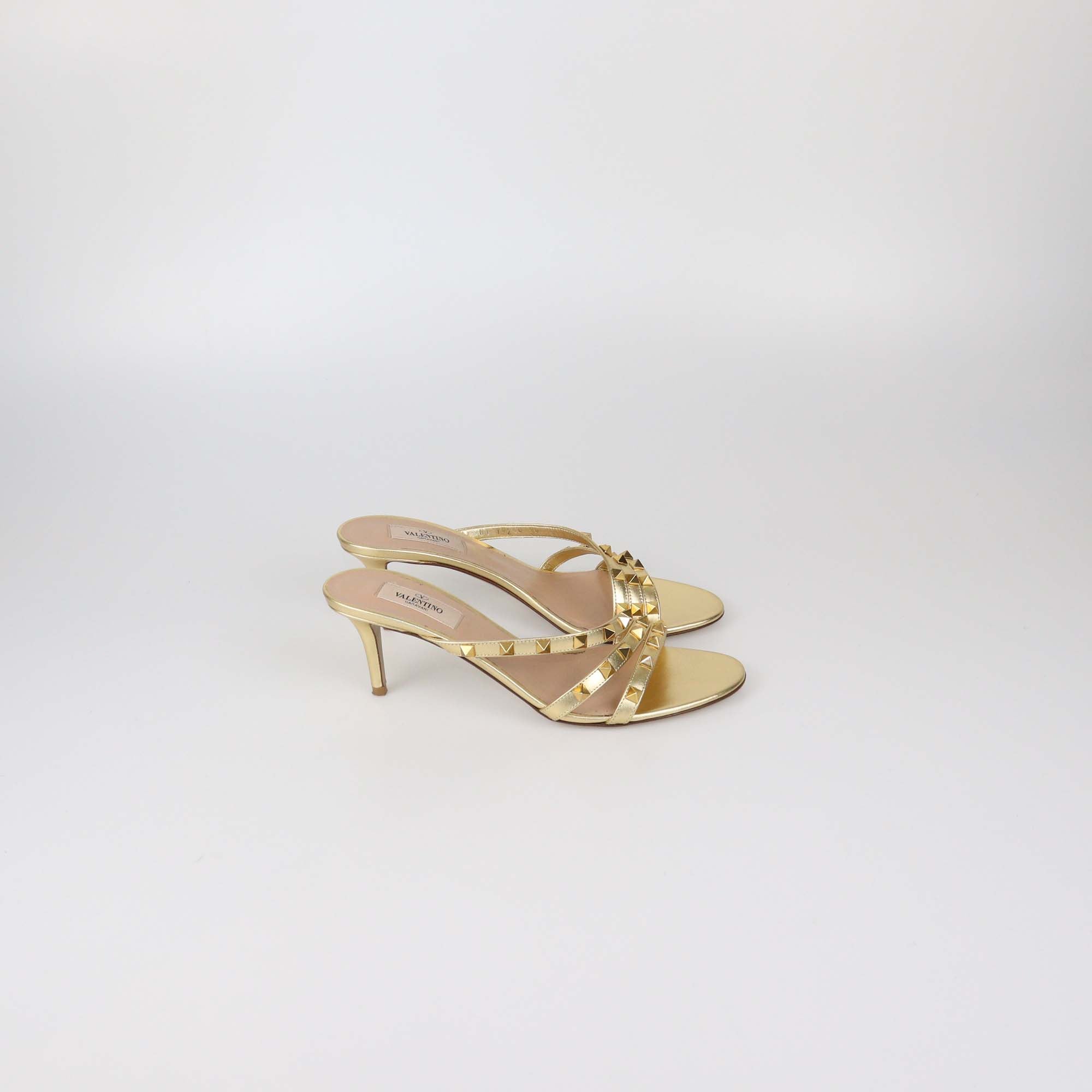 Valentino Gold Leather Rockstud Slide Sandals