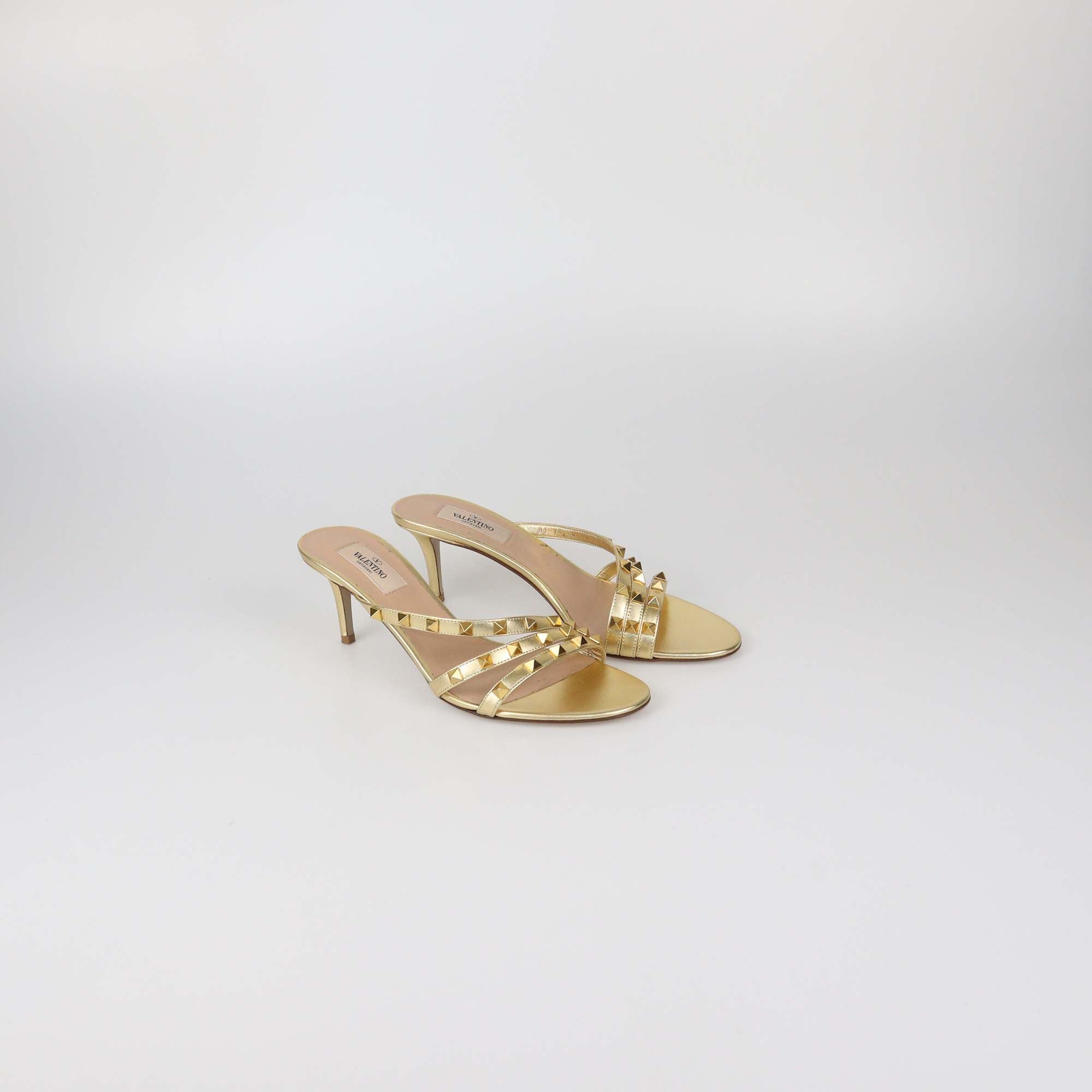 Valentino Gold Leather Rockstud Slide Sandals
