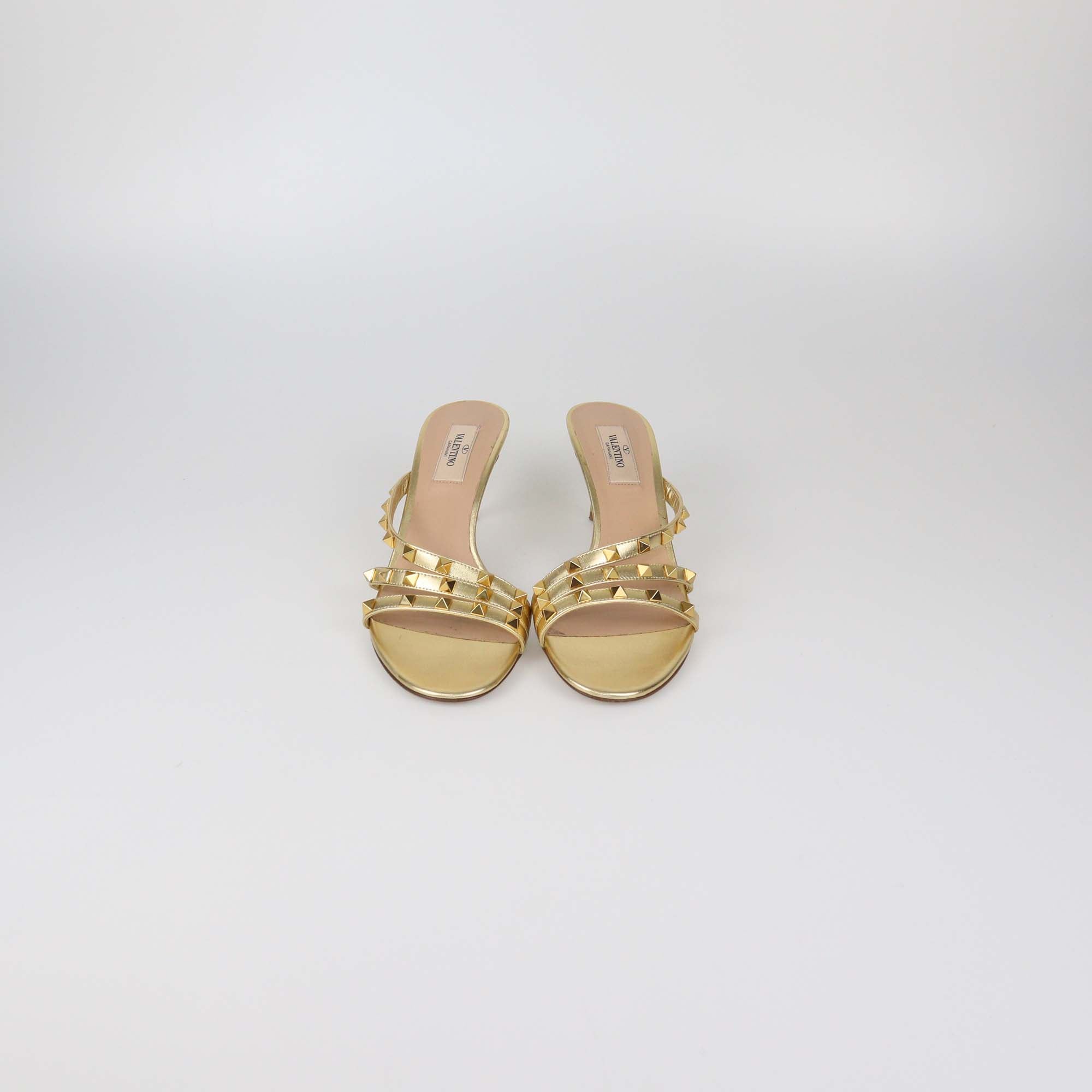 Valentino Gold Leather Rockstud Slide Sandals