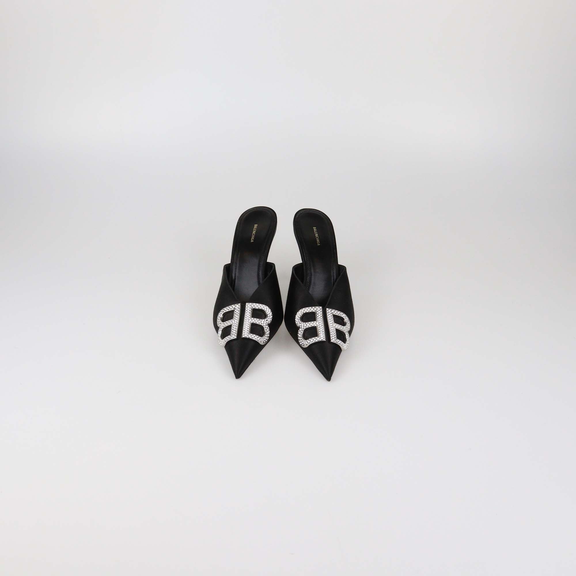 Balenciaga Black Satin Crystal BB Mules