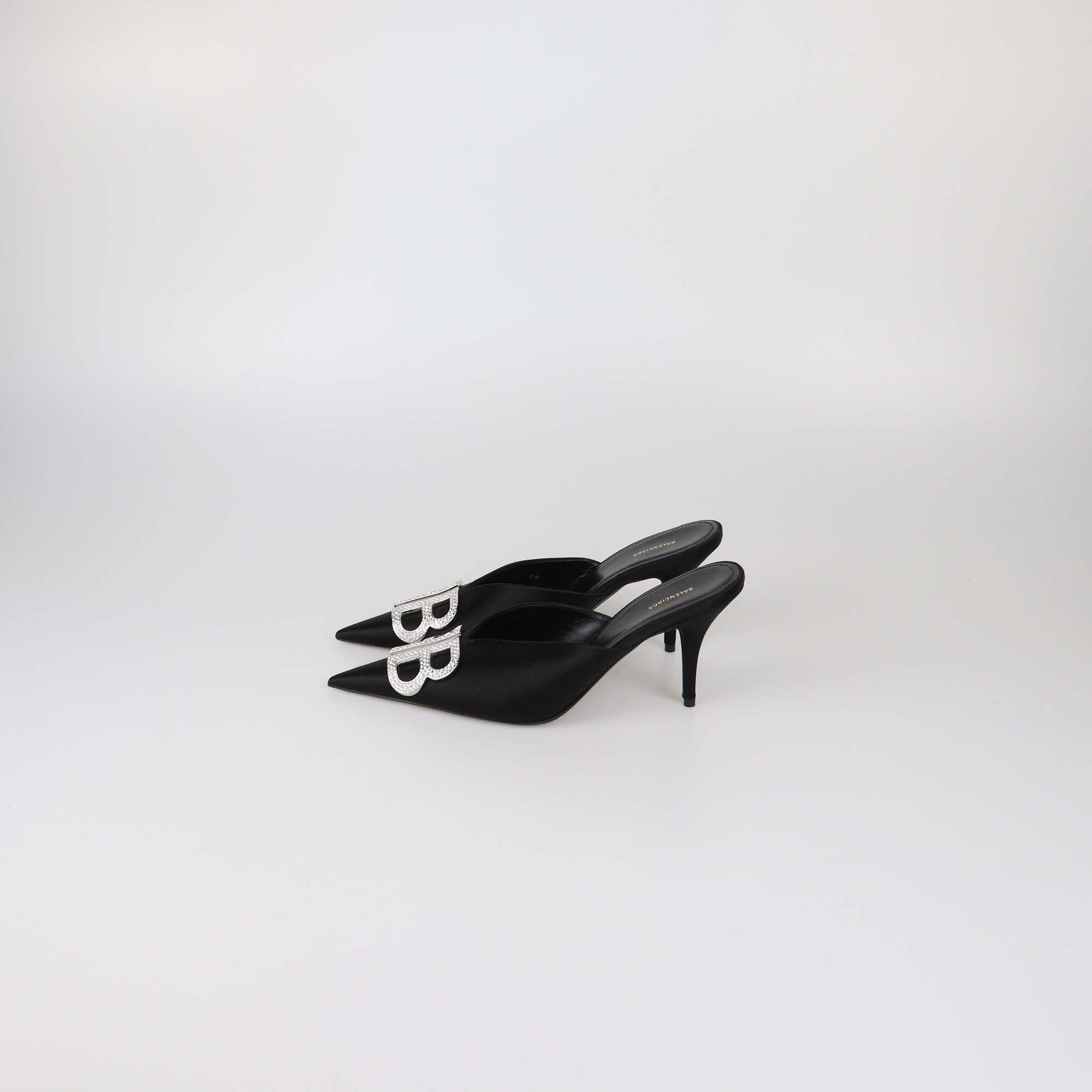 Balenciaga Black Satin Crystal BB Mules