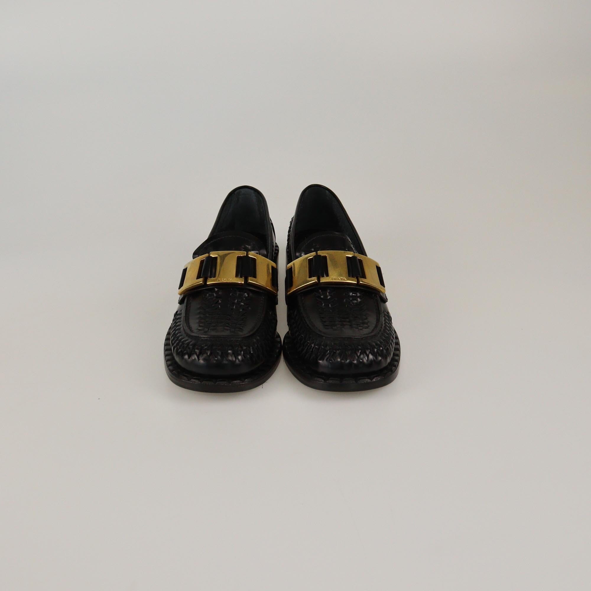 Prada Black Braided Metal Embellished Loafers Womens Prada