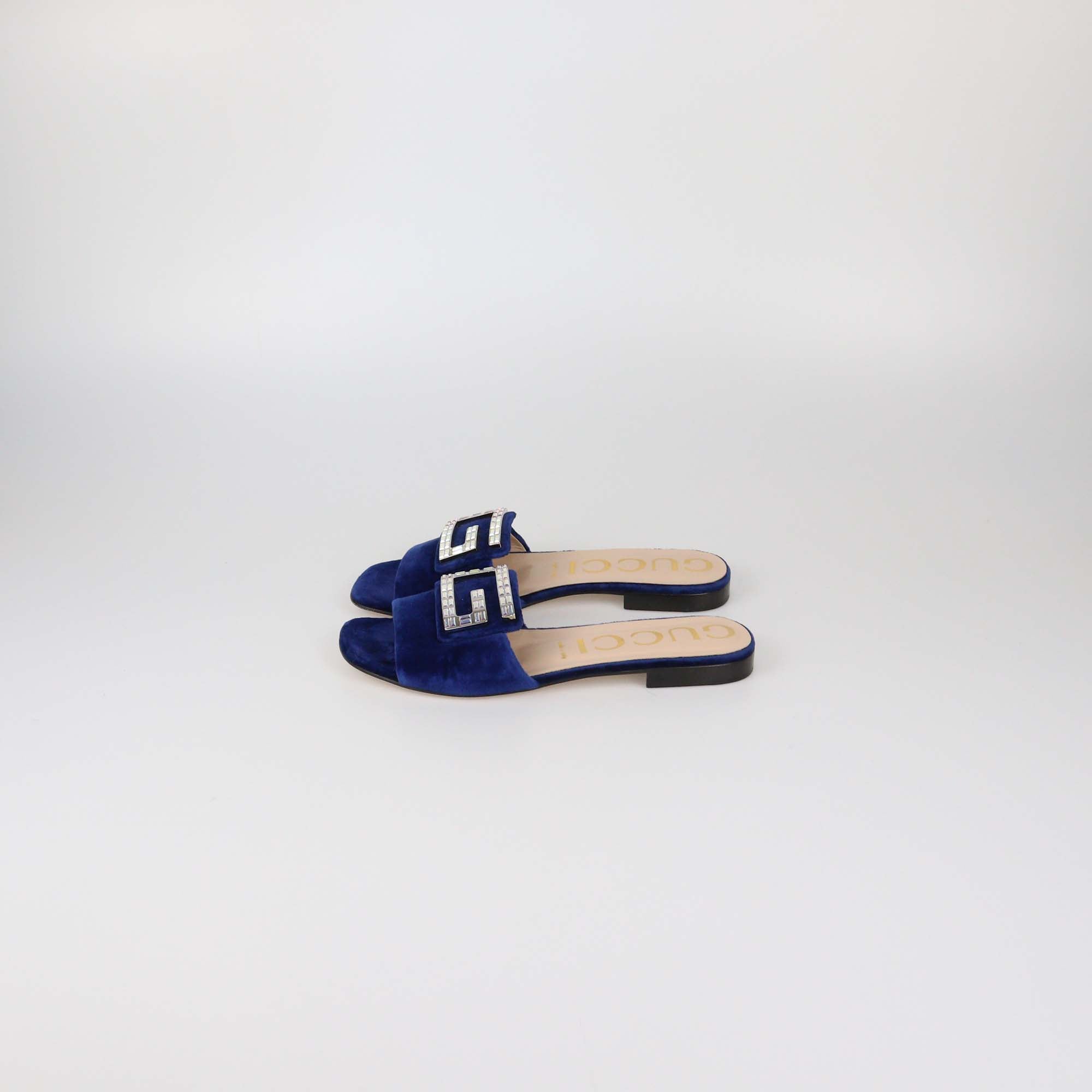 Gucci Blue Velvet Jewelled Madelyn Slide Sandals