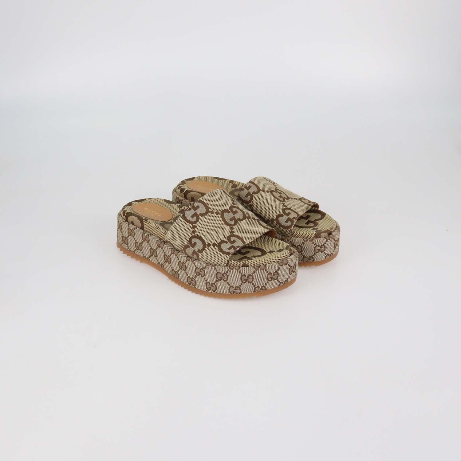 Gucci Beige Maxi GG Canvas Platform Slide Sandals