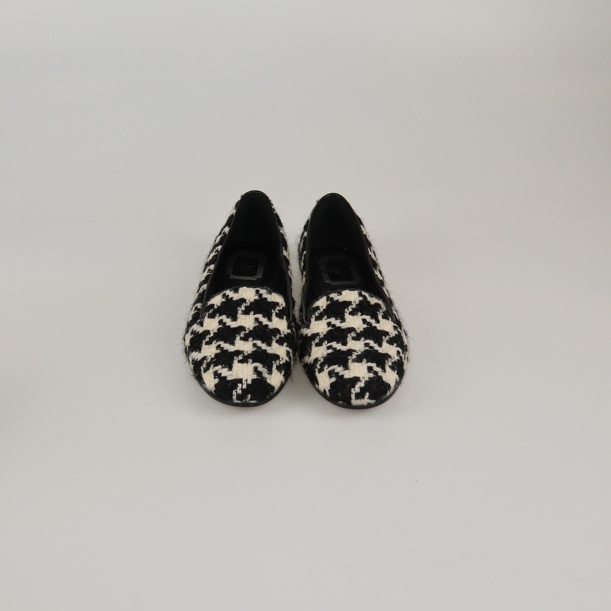 Christian Dior Black/White Tweed Houndstooth Flat Loafers Womens Christian Dior