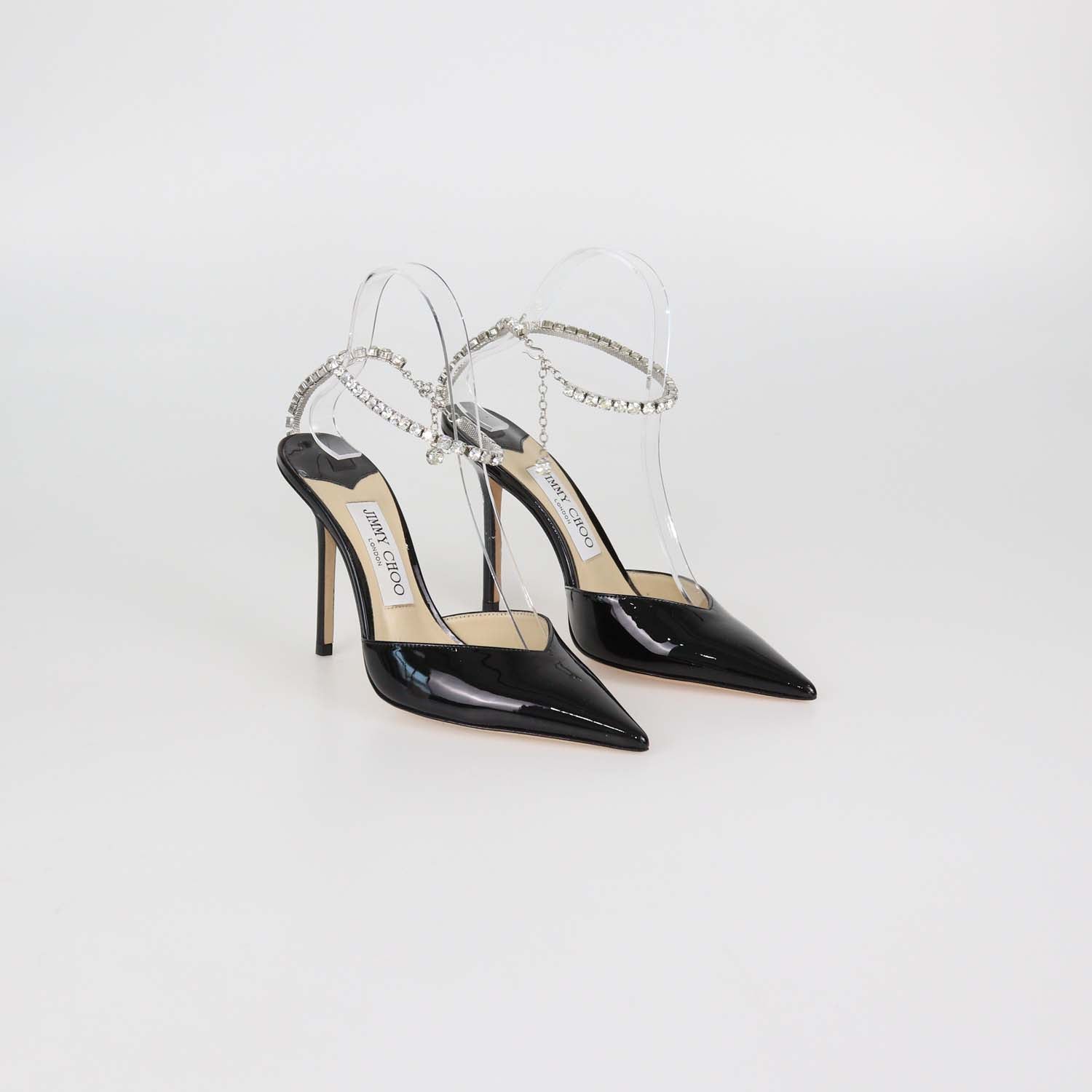 Jimmy Choo Black Patent Leather Saede Crystal Chain Ankle Strap Pumps