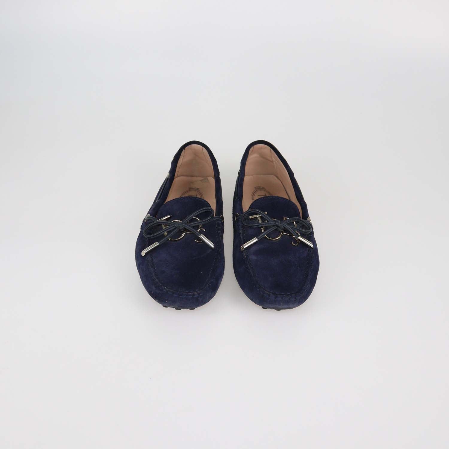 Tod's Navy Blue Suede Bow Slip On Loafers