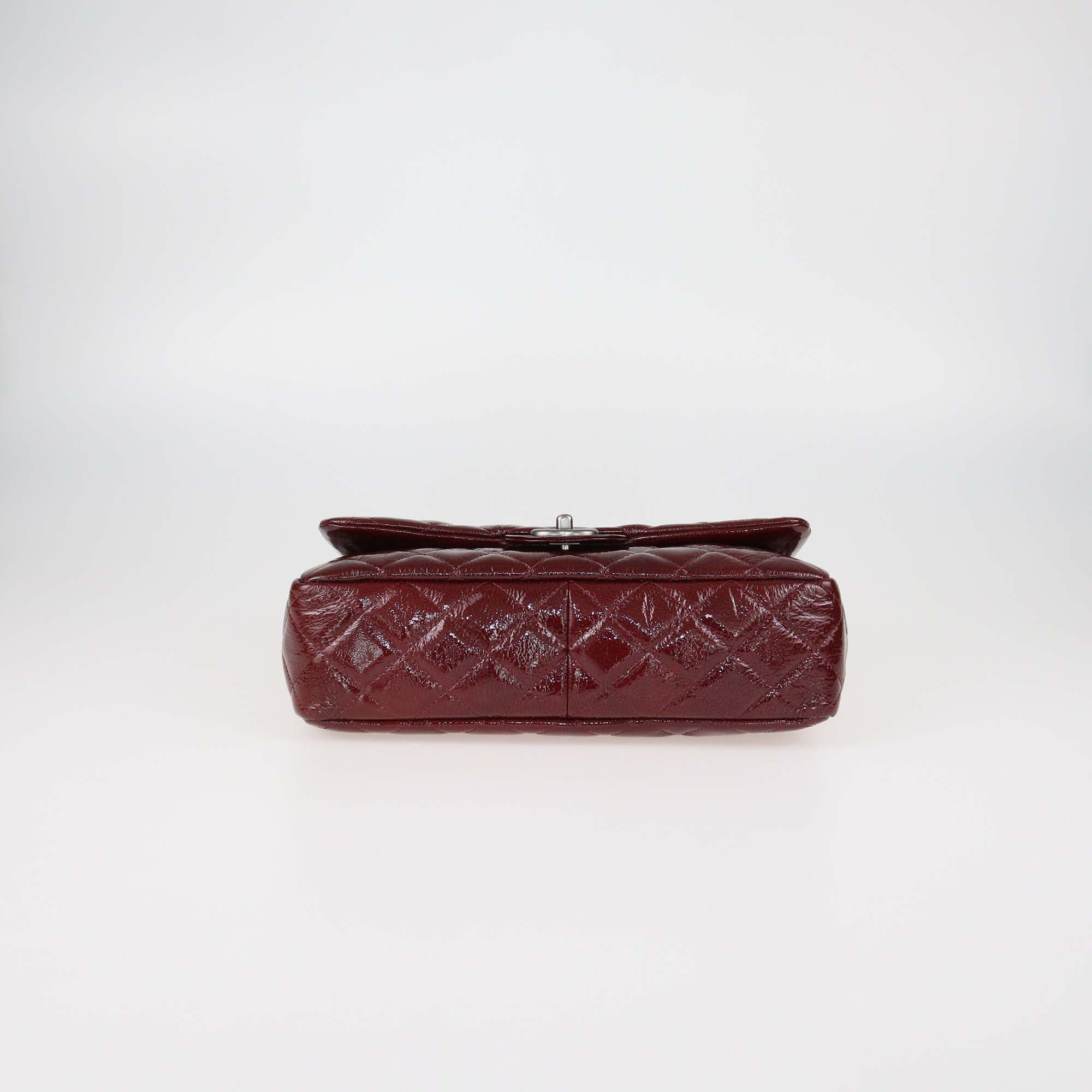 Chanel Burgundy Quilted Crinkled Patent Leather Jumbo Classic Single Flap Bag