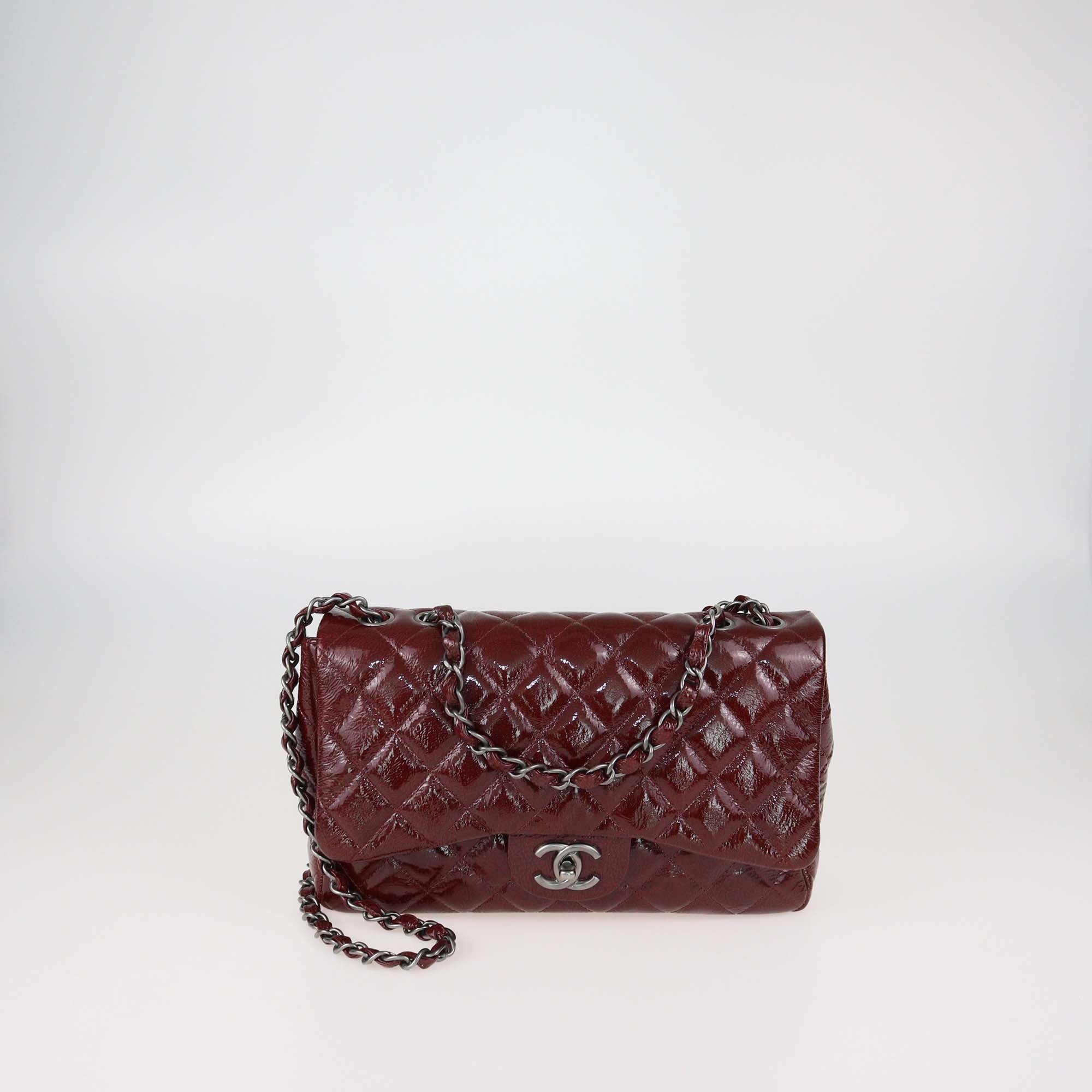 Chanel Burgundy Quilted Crinkled Patent Leather Jumbo Classic Single Flap Bag