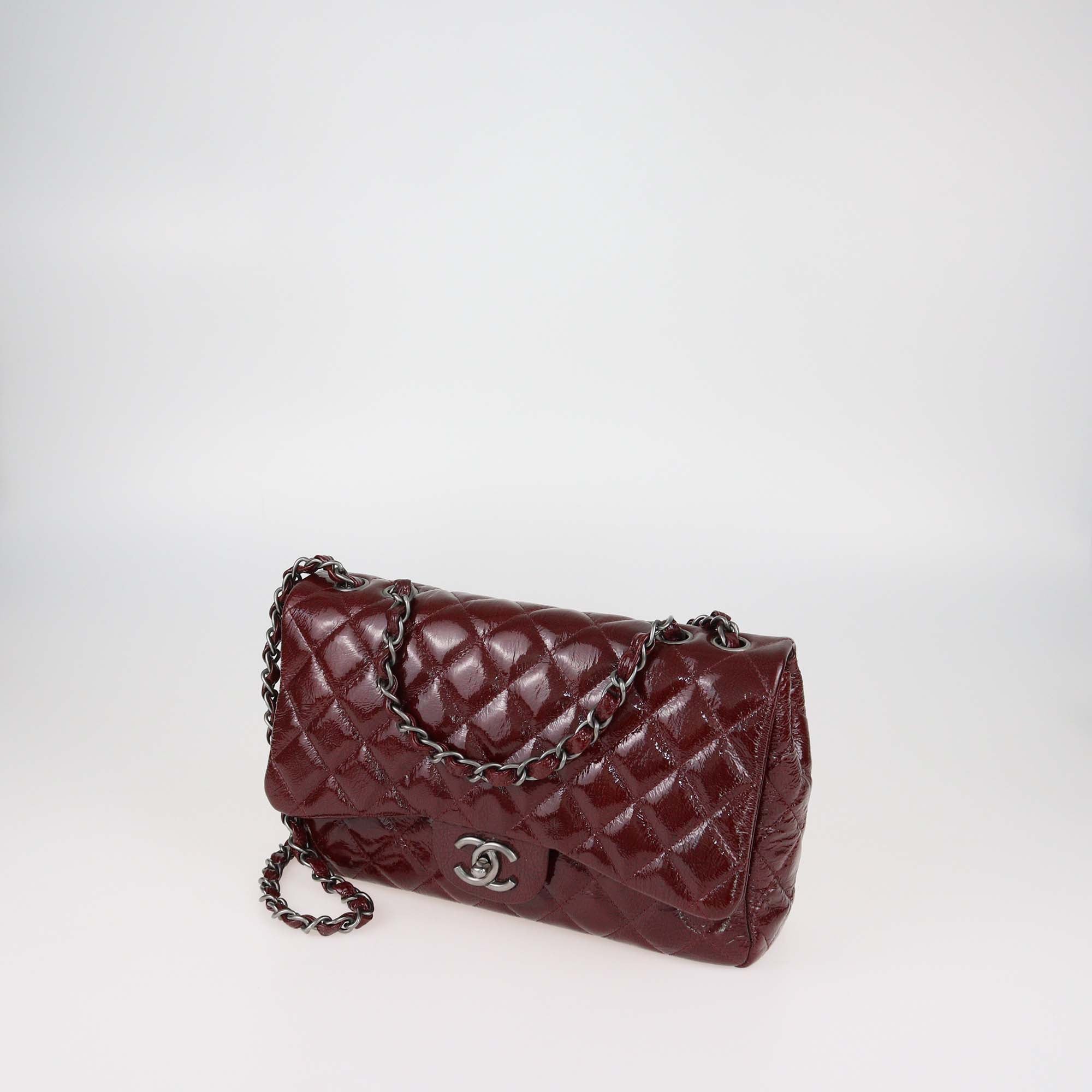 Chanel Burgundy Quilted Crinkled Patent Leather Jumbo Classic Single Flap Bag