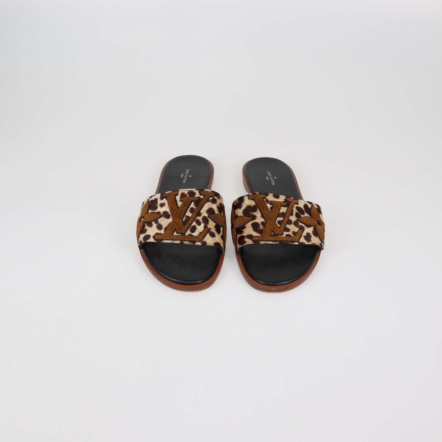 Louis Vuitton Brown Leopard Print Calf Hair and Suede Monogram Lock It Flat Sandals