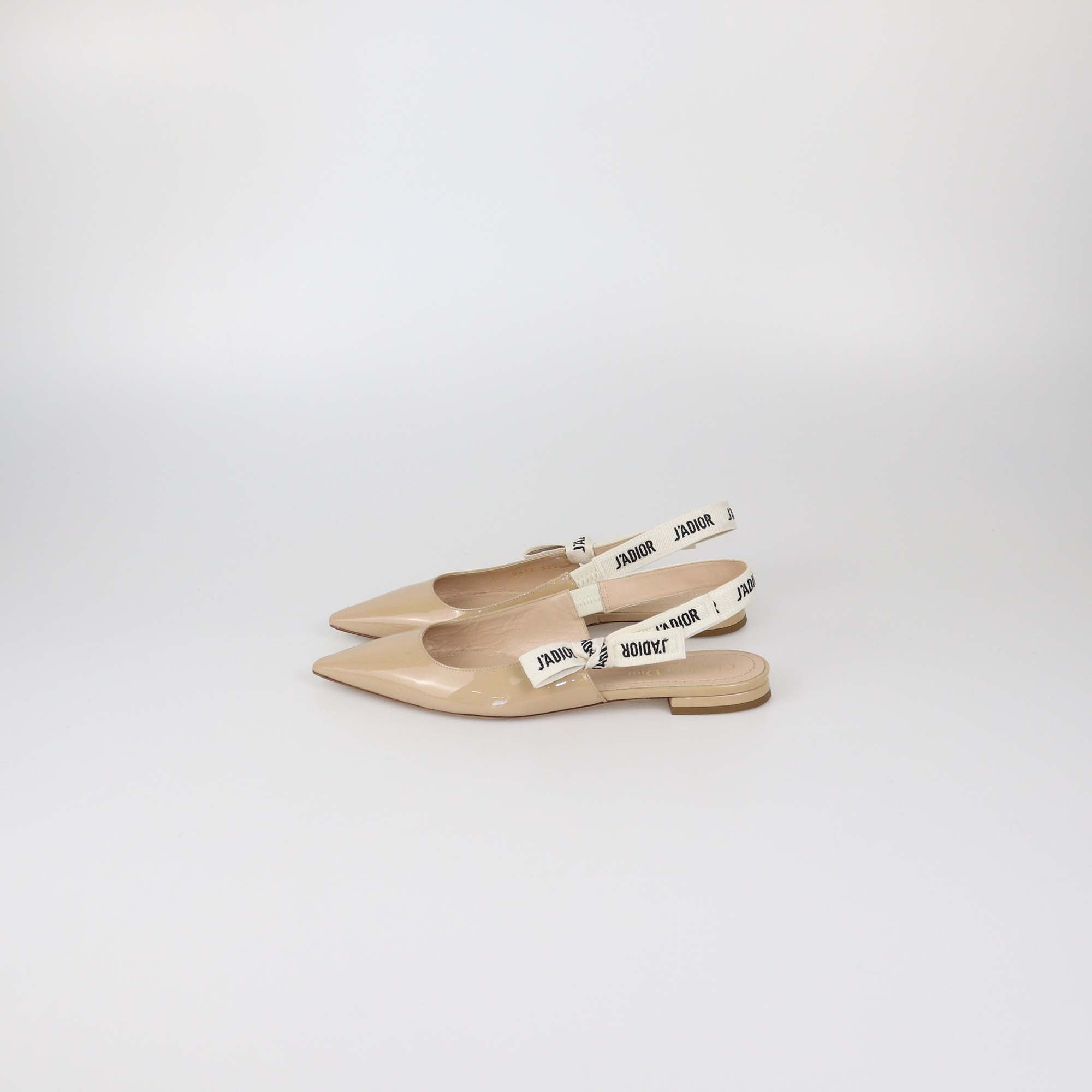 Christian Dior Beige Patent Leather J'Adior Slingback Flats