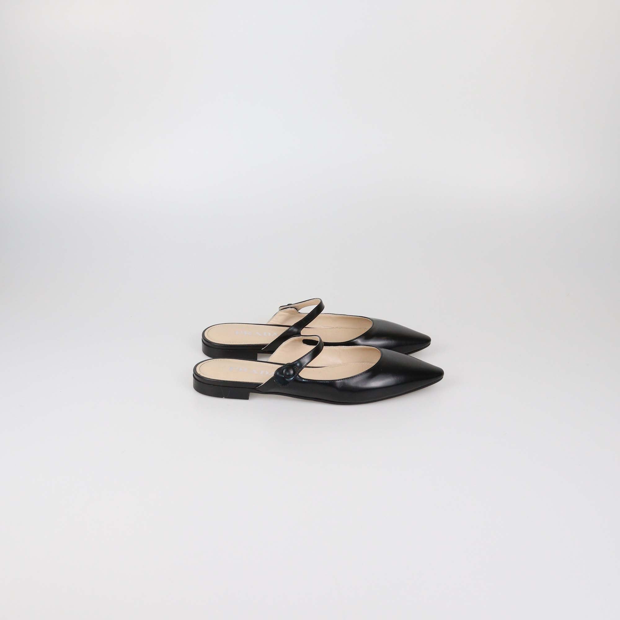 Prada Black Glazed Leather Mary Jane Flat Mules