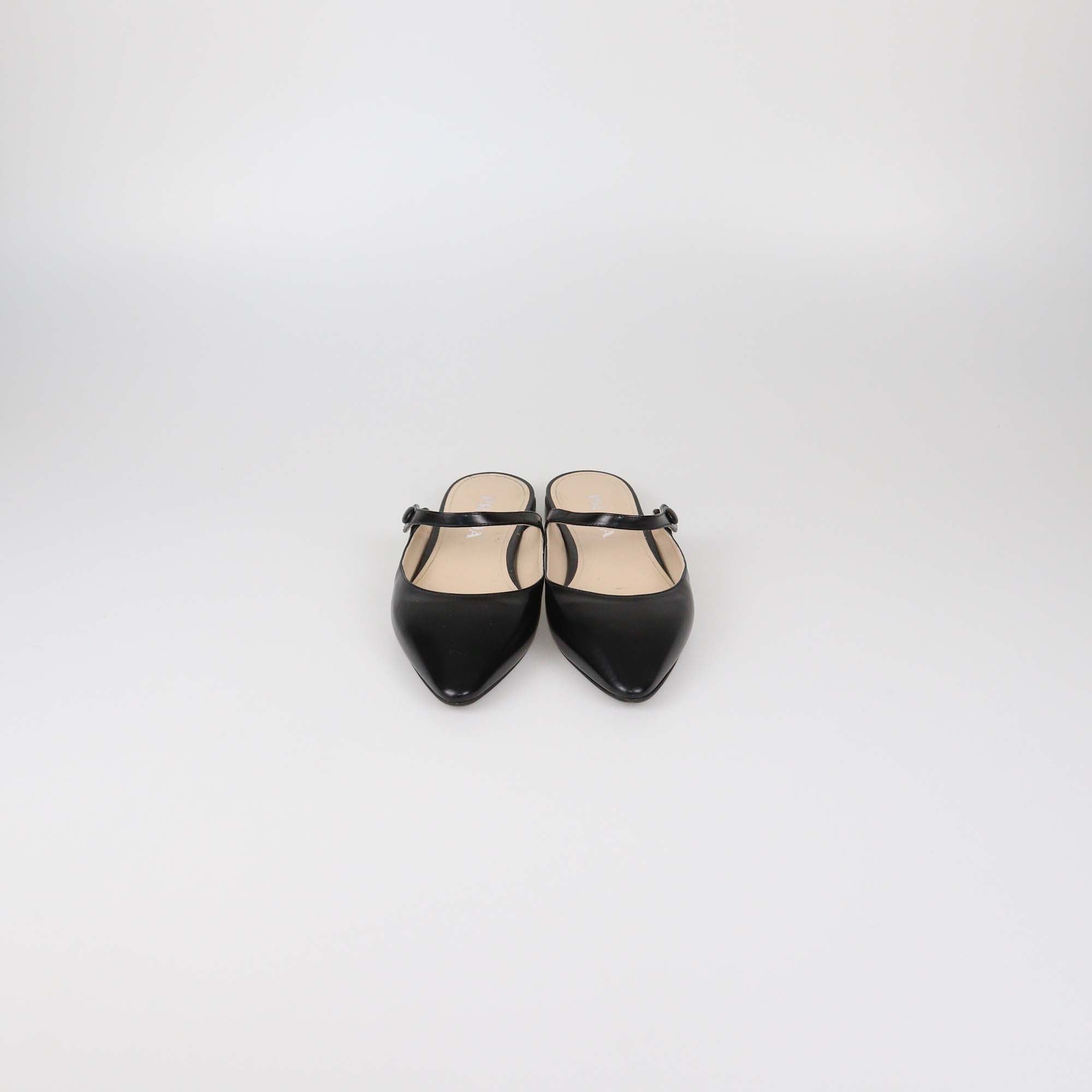 Prada Black Glazed Leather Mary Jane Flat Mules