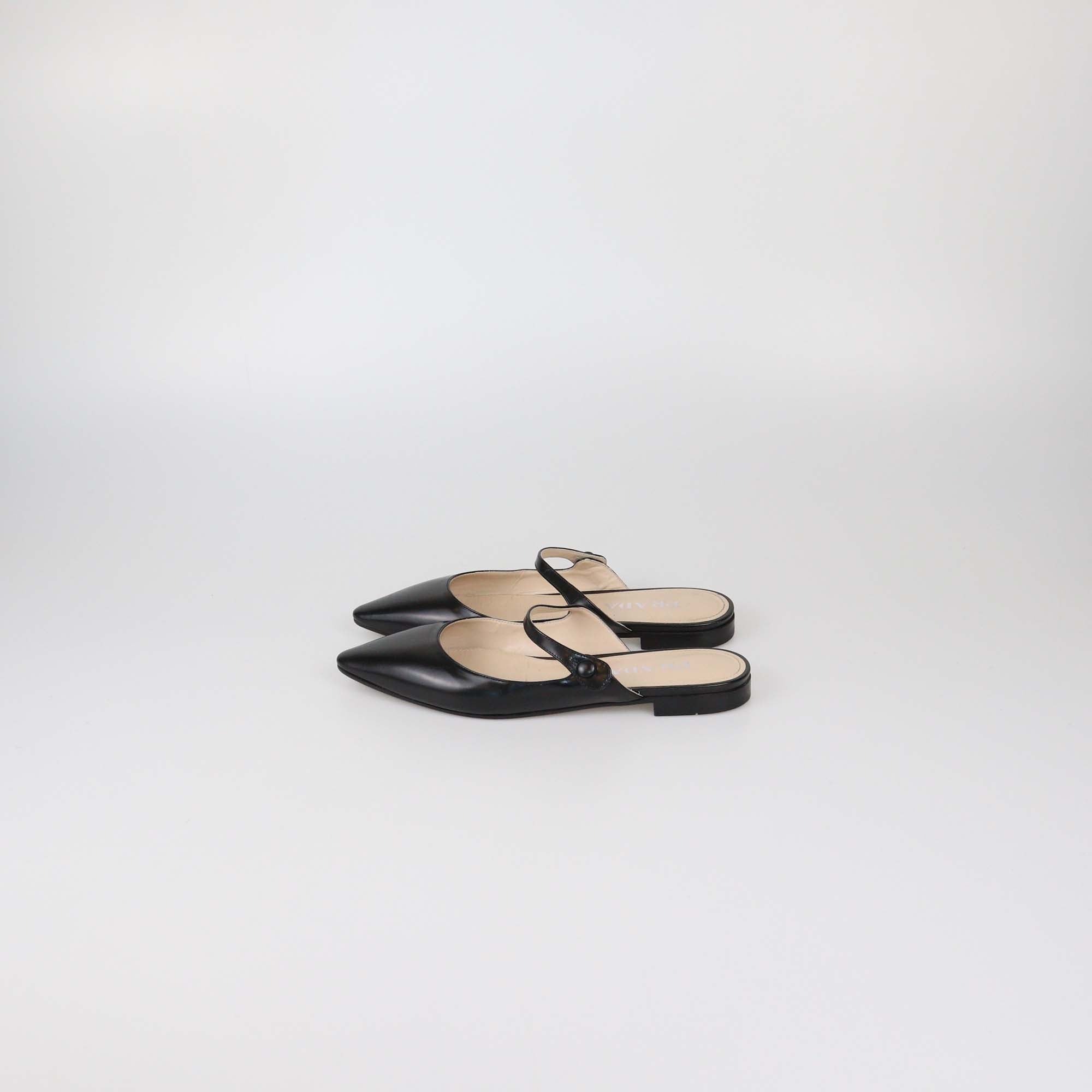 Prada Black Glazed Leather Mary Jane Flat Mules