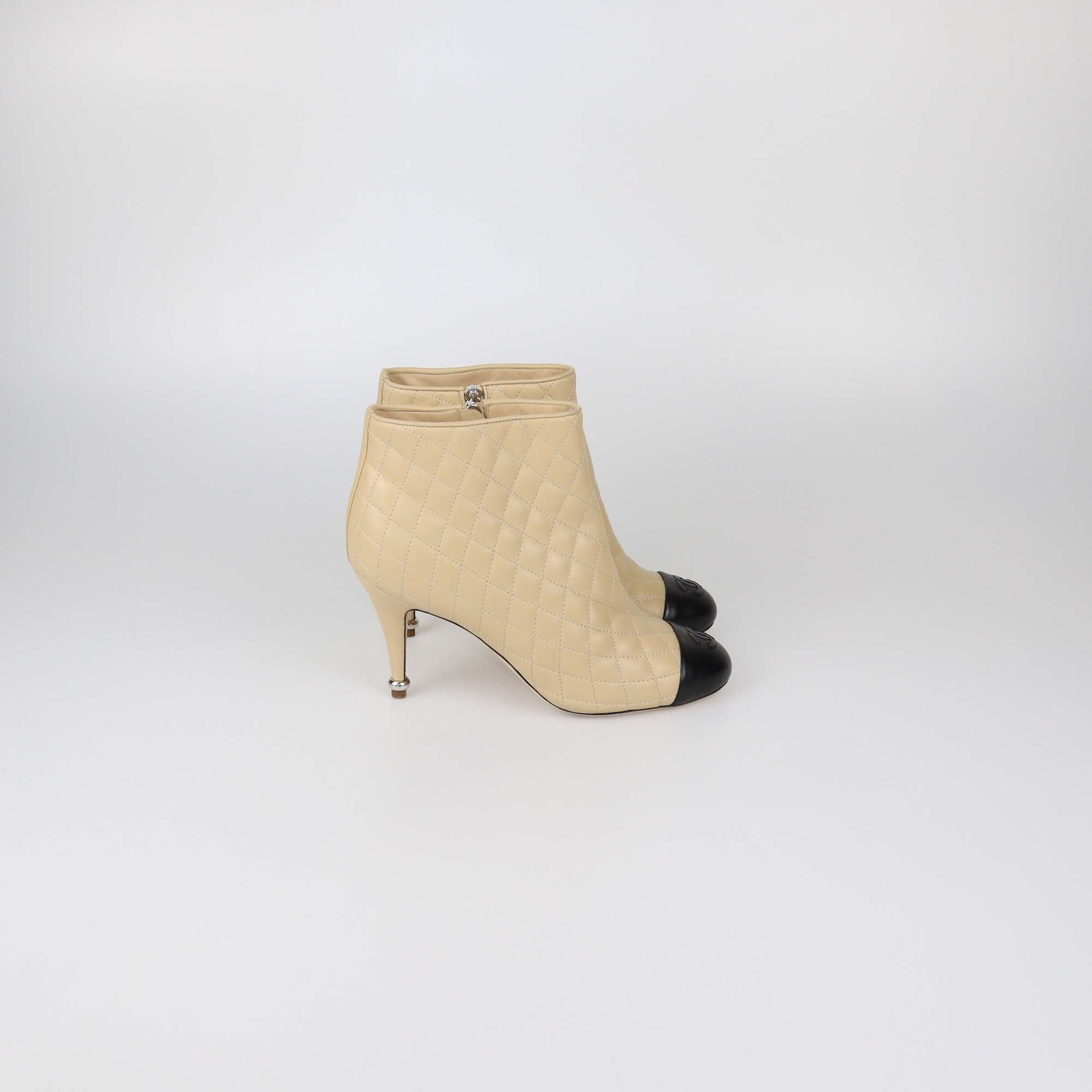Chanel Beige/Black Quilted Leather CC Cap Toe Ankle Boots