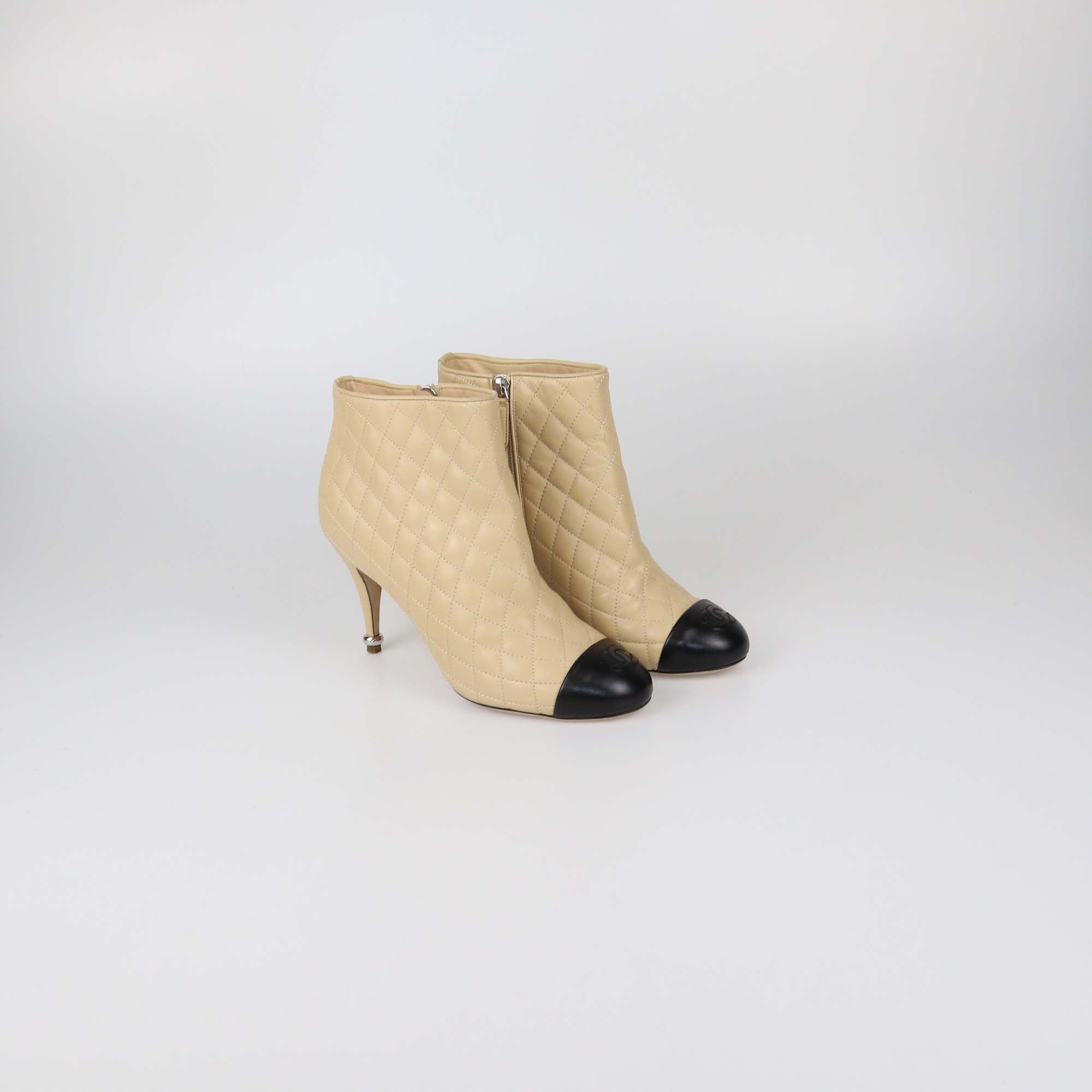 Chanel Beige/Black Quilted Leather CC Cap Toe Ankle Boots