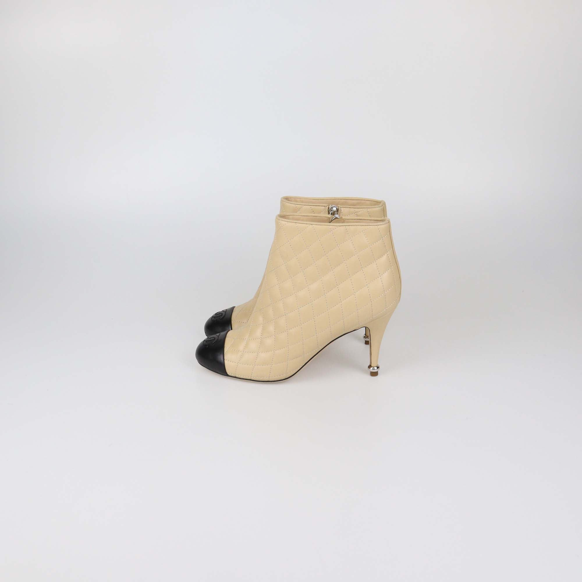 Chanel Beige/Black Quilted Leather CC Cap Toe Ankle Boots
