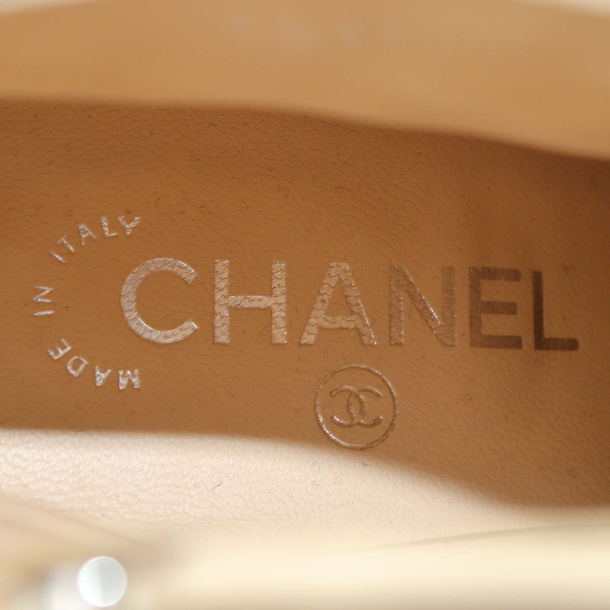 Chanel Beige/Black Quilted Leather CC Cap Toe Ankle Boots