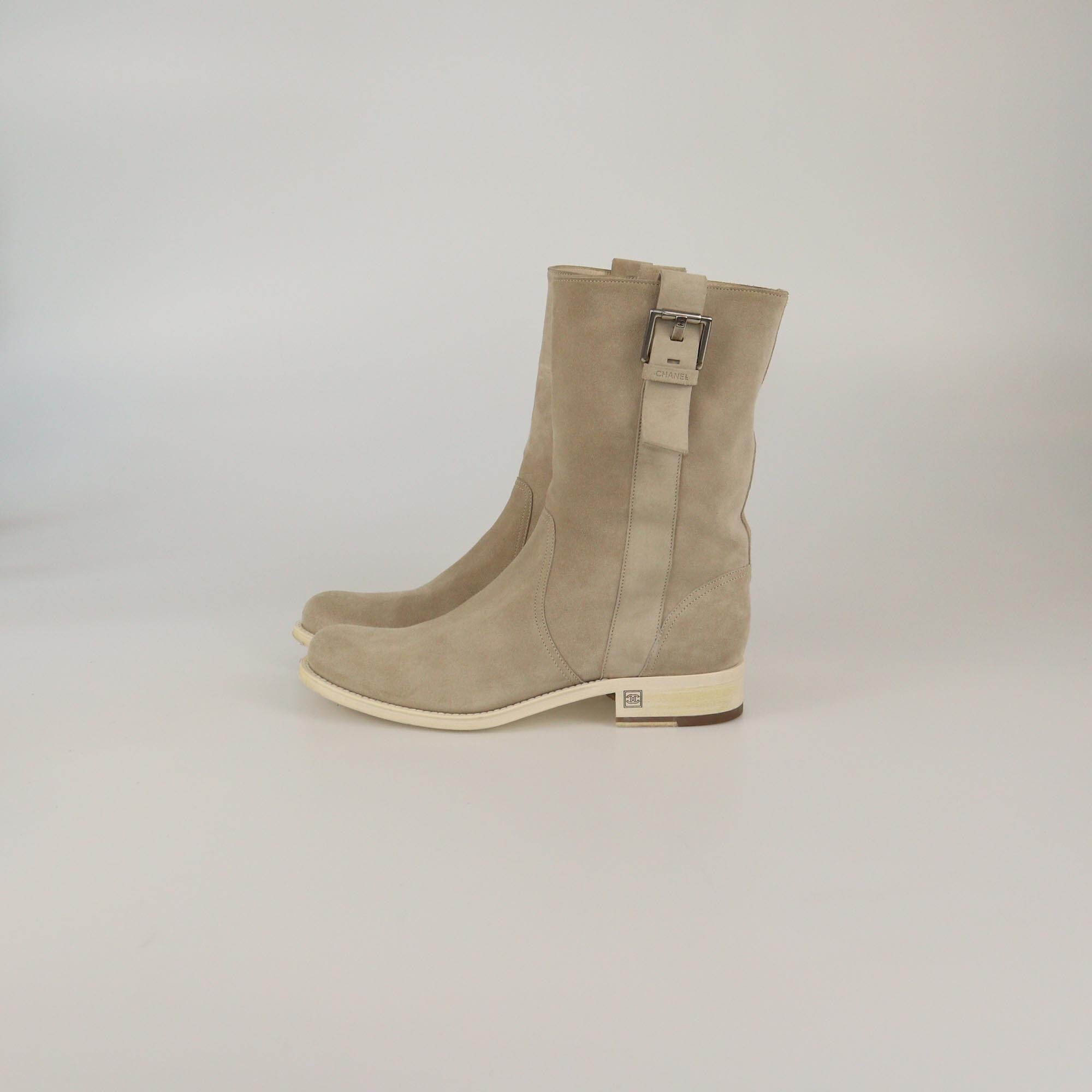 Chanel Light Beige Buckle Detail Mid Boots Womens Chanel