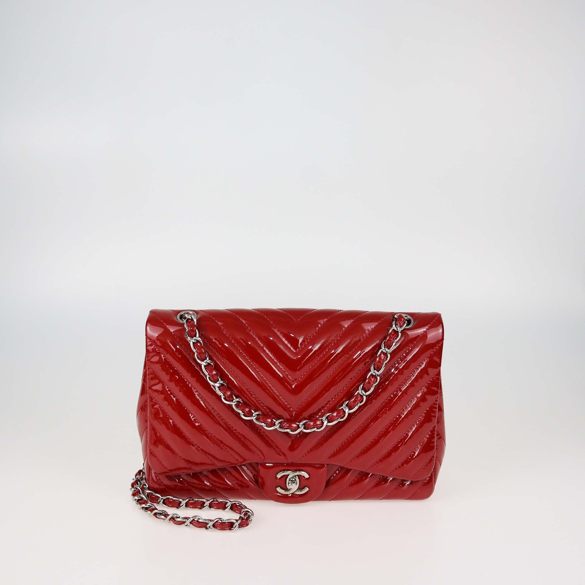 Chanel Red Chevron Patent Leather Jumbo Classic Single Flap Bag