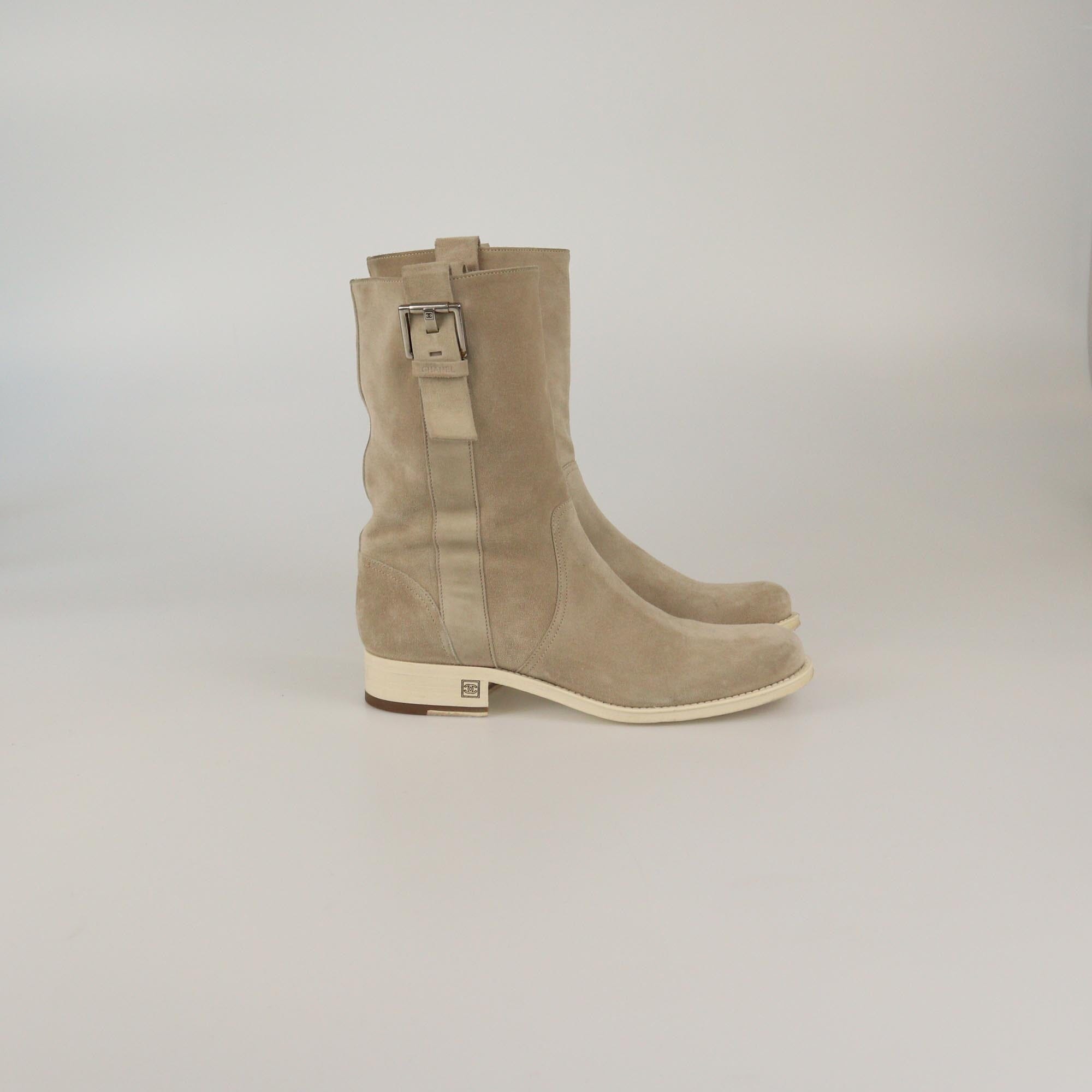 Chanel Light Beige Buckle Detail Mid Boots Womens Chanel