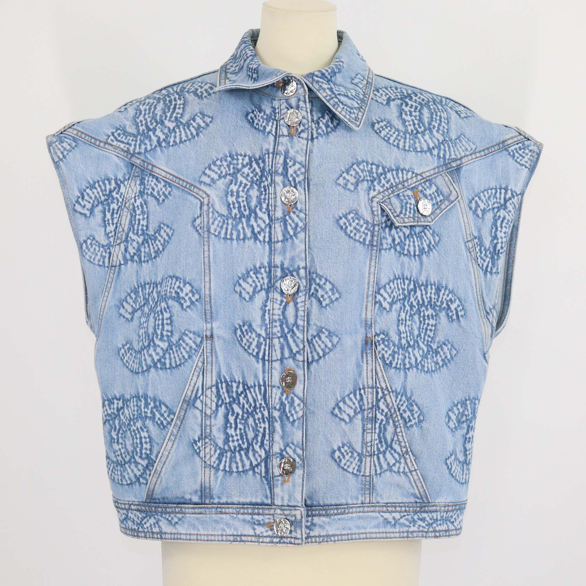 Chanel Blue Denim CC Embossed Sleeveless Vest
