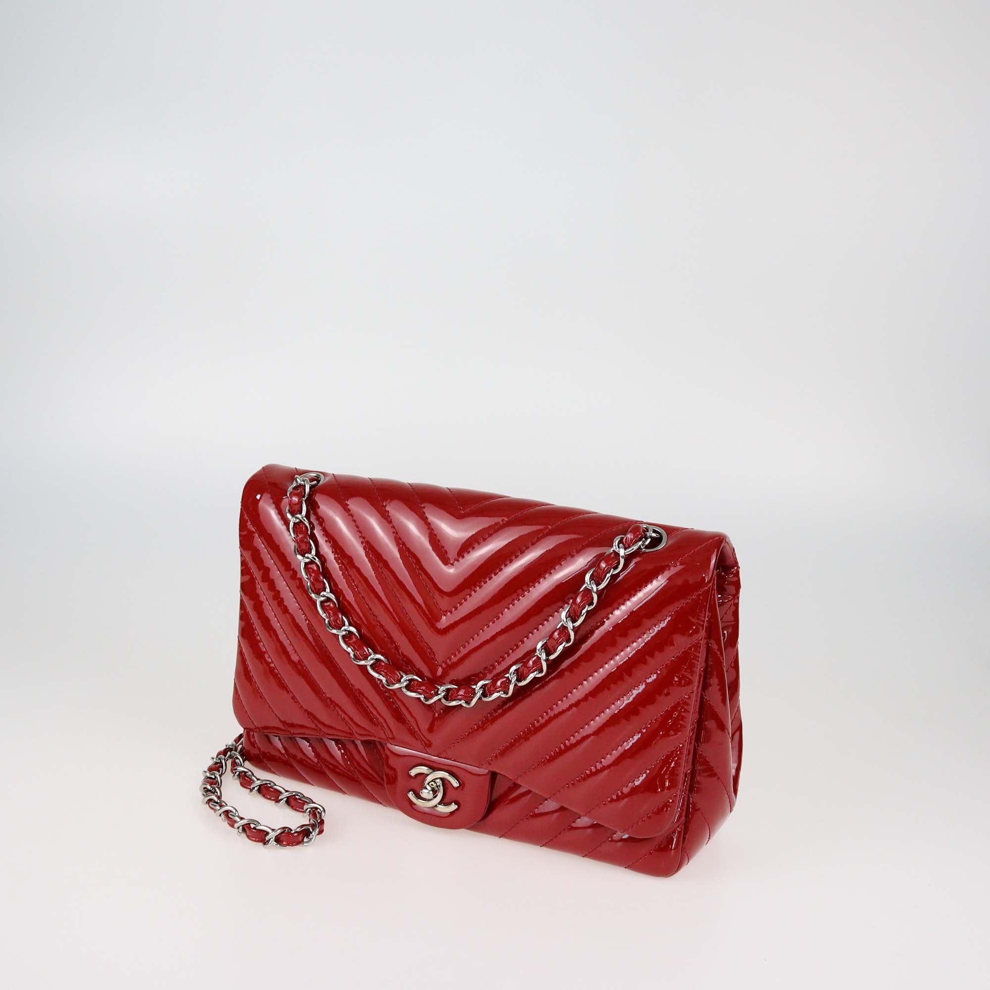 Chanel Red Chevron Patent Leather Jumbo Classic Single Flap Bag
