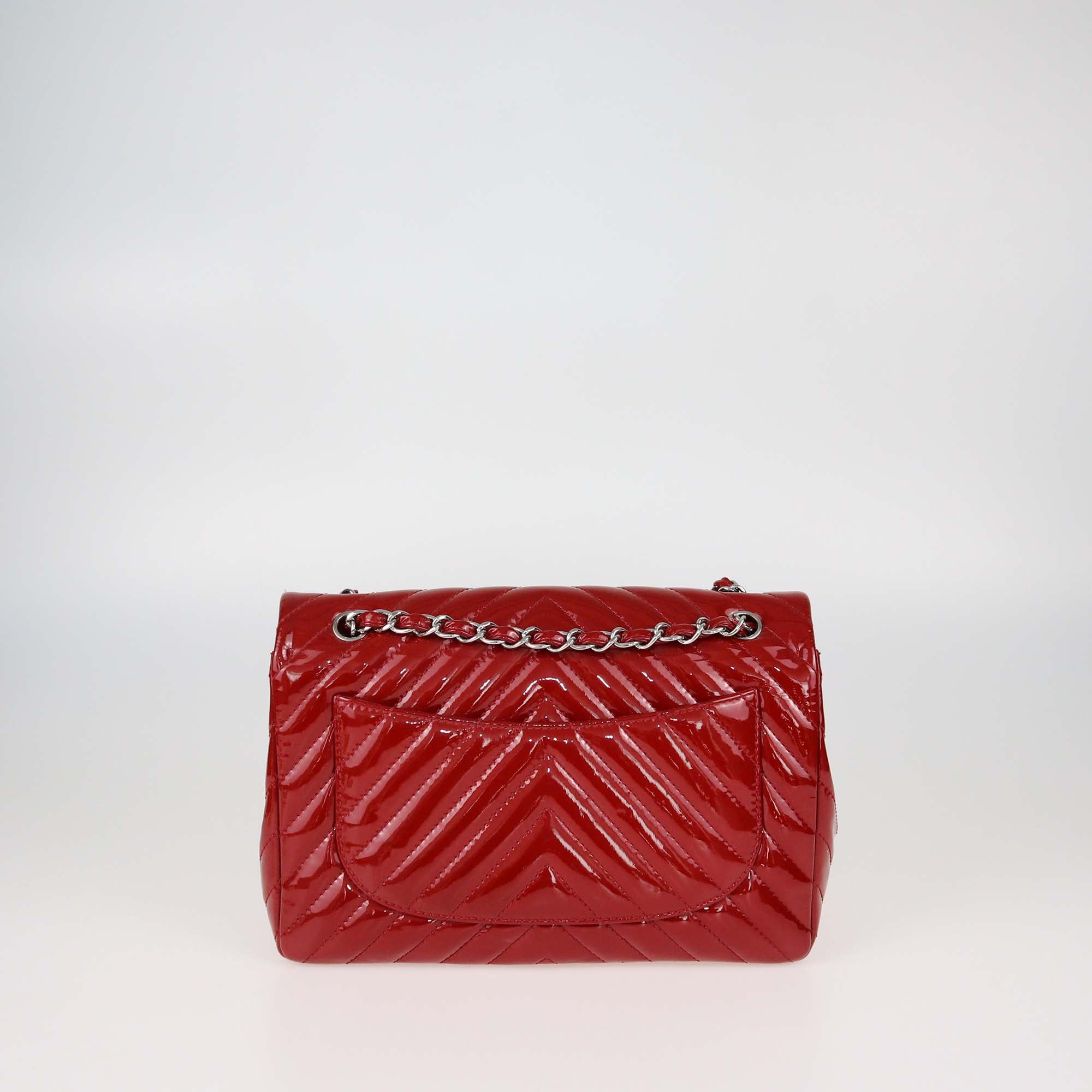 Chanel Red Chevron Patent Leather Jumbo Classic Single Flap Bag
