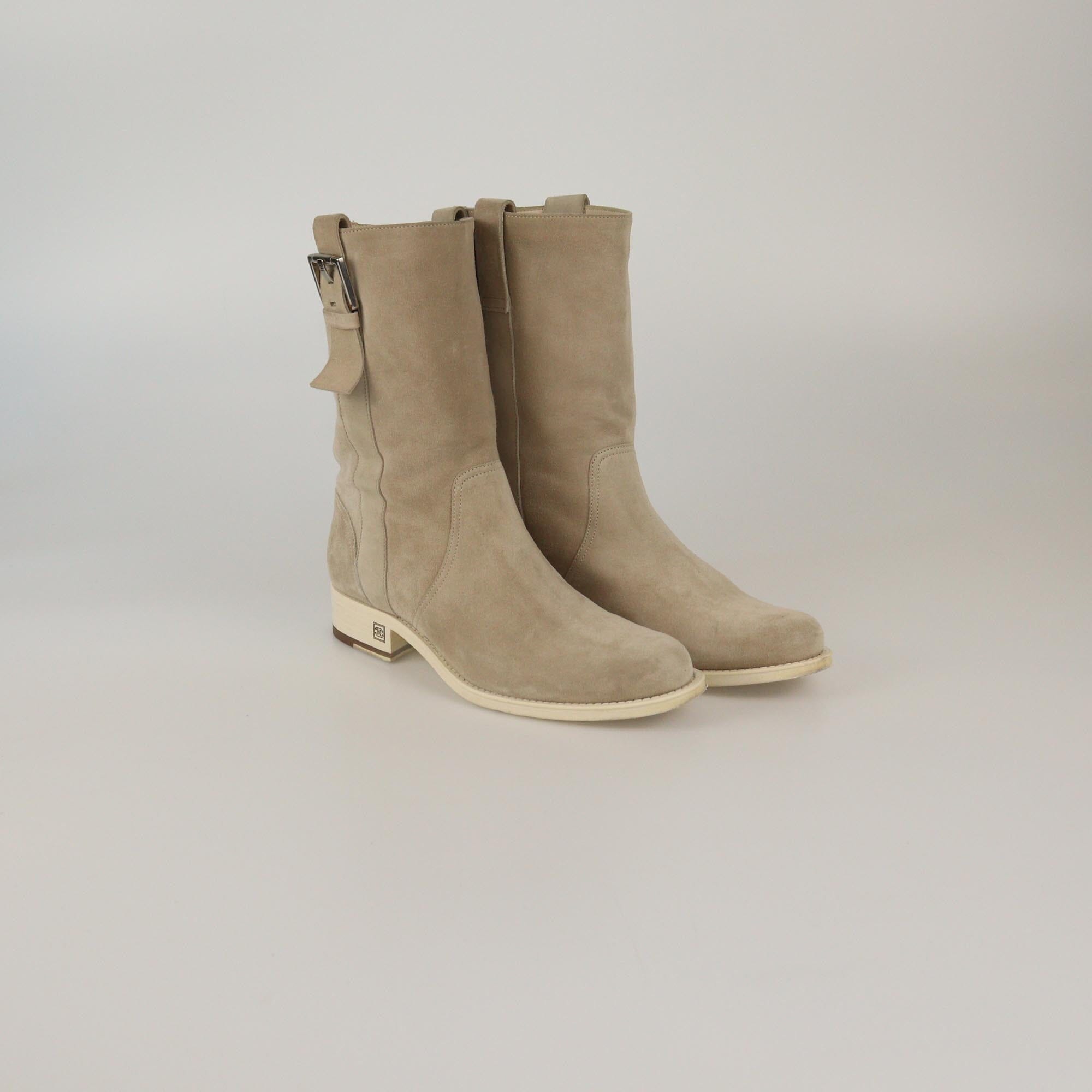 Chanel Light Beige Buckle Detail Mid Boots Womens Chanel