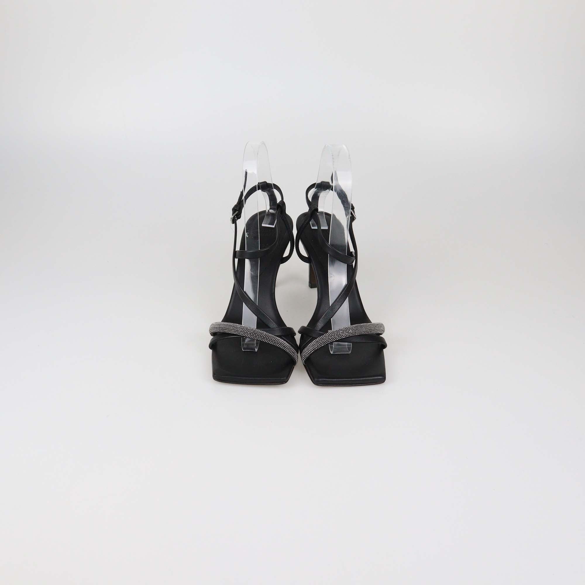 Brunello Cucinelli Black Leather Beads Detail Ankle Strap Sandals