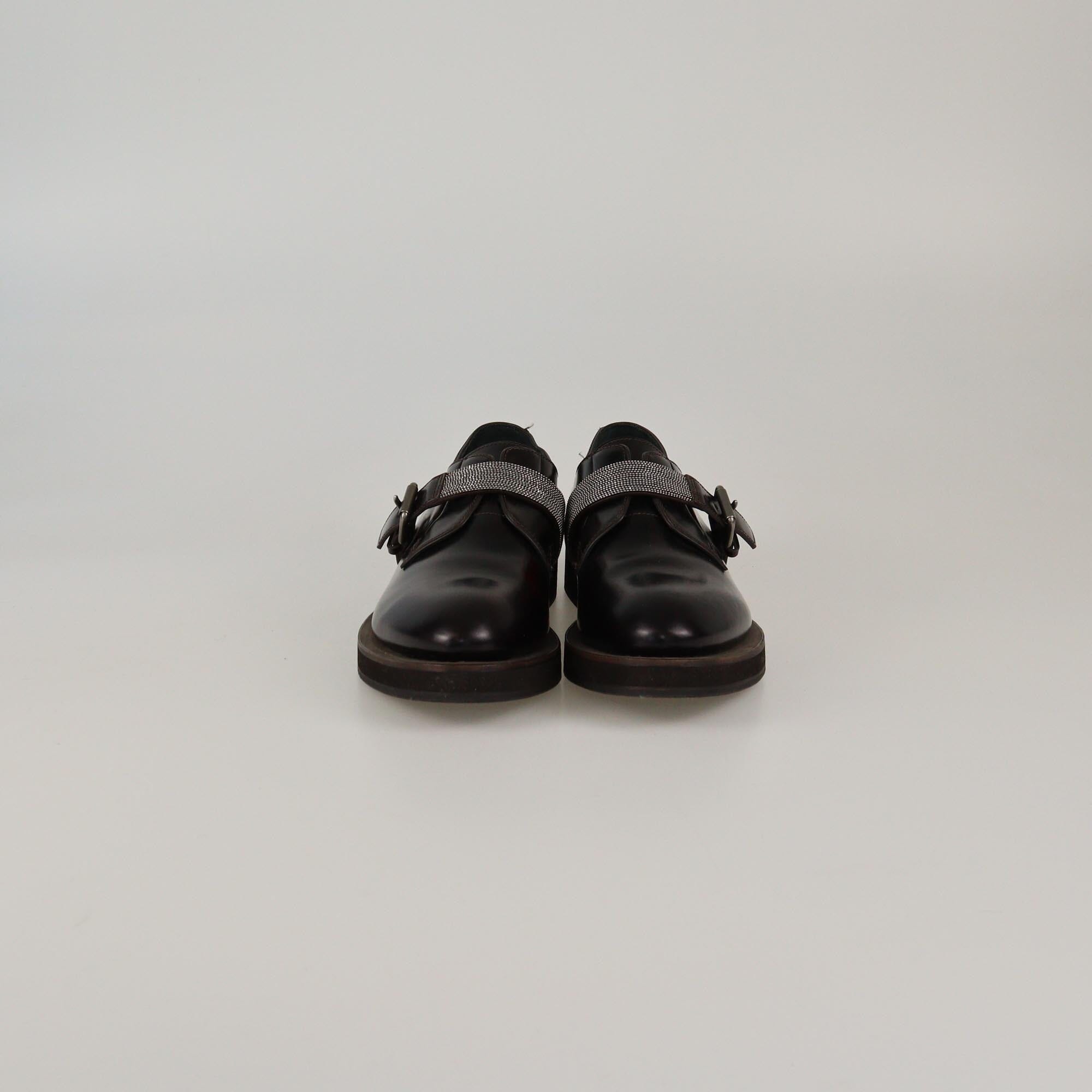 Brunello Cucinelli Dark Brown Beaded Strap Buckle Monili Derby Womens Brunello Cucinelli