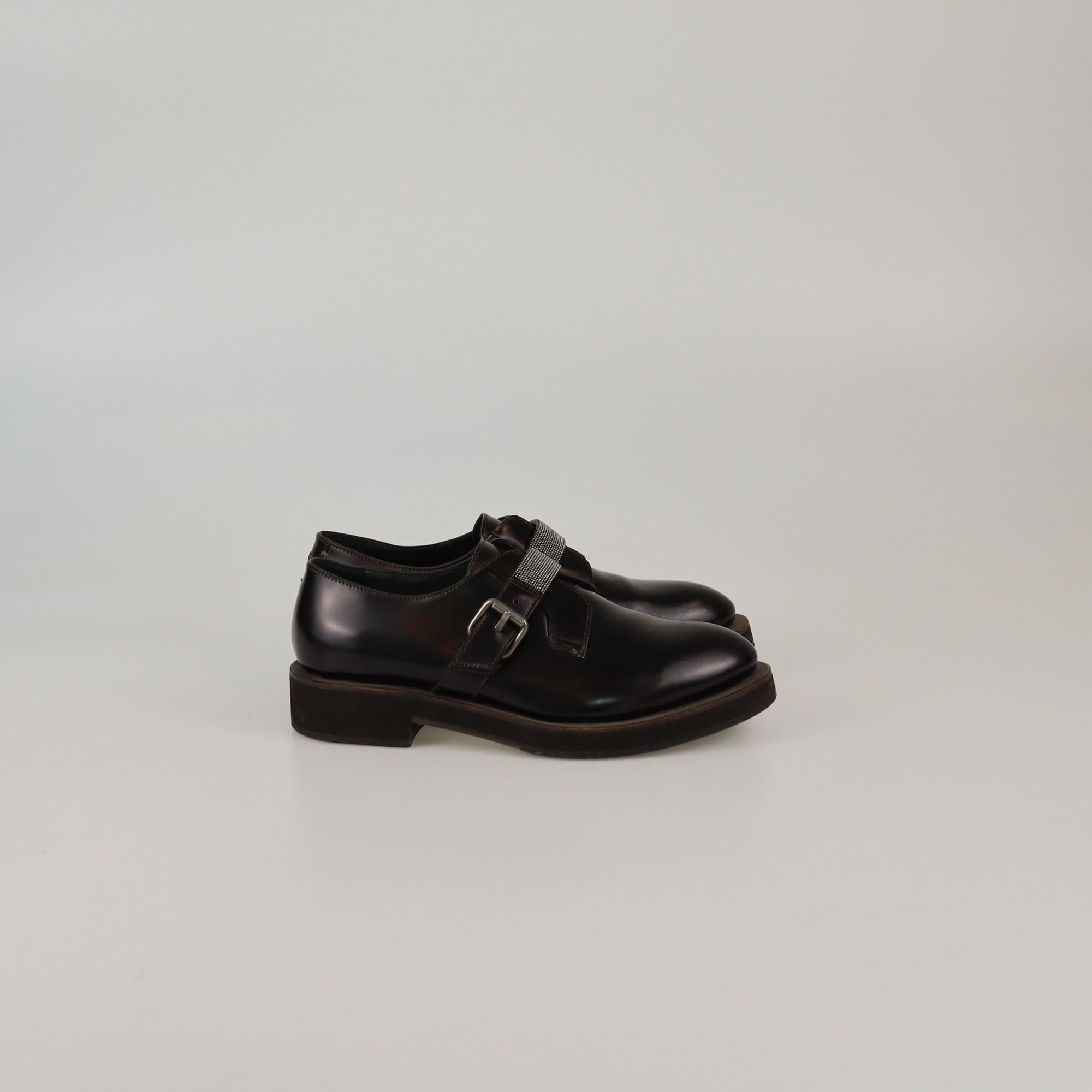 Brunello Cucinelli Dark Brown Beaded Strap Buckle Monili Derby Womens Brunello Cucinelli