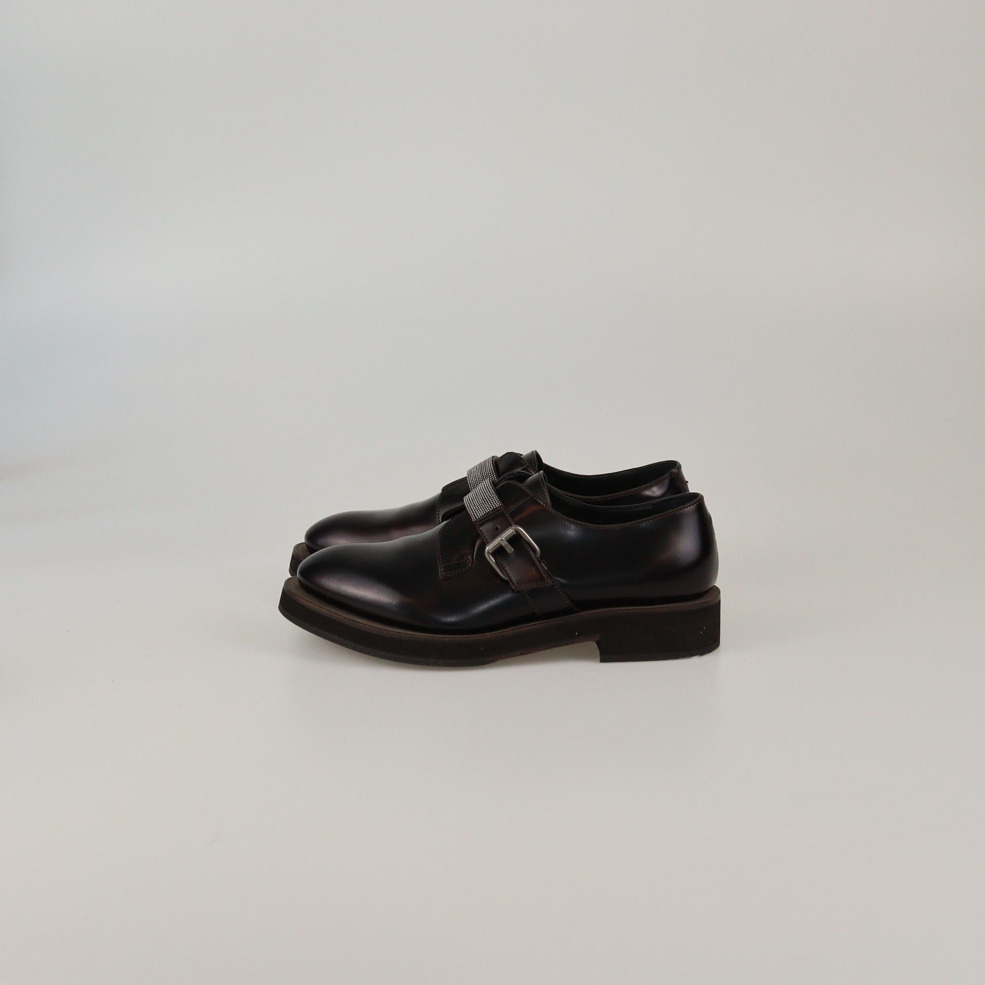 Brunello Cucinelli Dark Brown Beaded Strap Buckle Monili Derby Womens Brunello Cucinelli